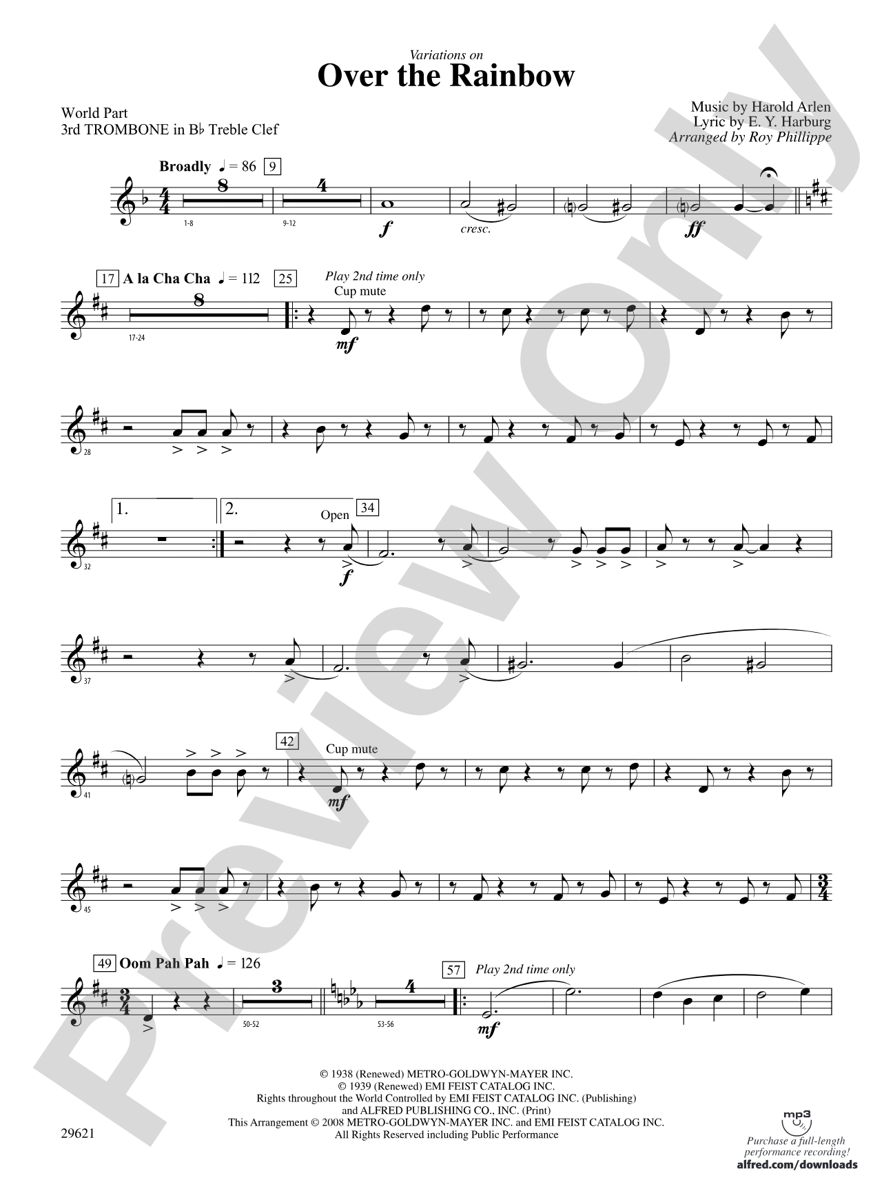 Over the Rainbow (from The Wizard of Oz), Variations on: (wp) 3rd B-flat Trombone T.C.