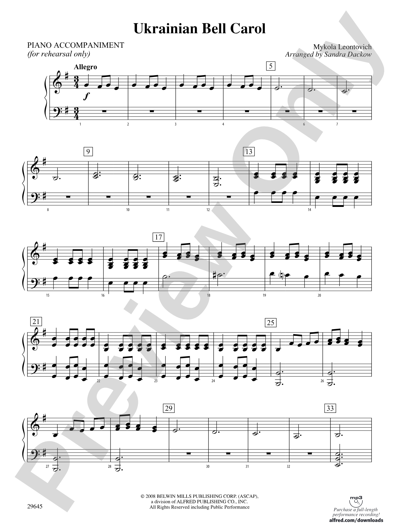 Ukranian Bell Carol: Piano Accompaniment