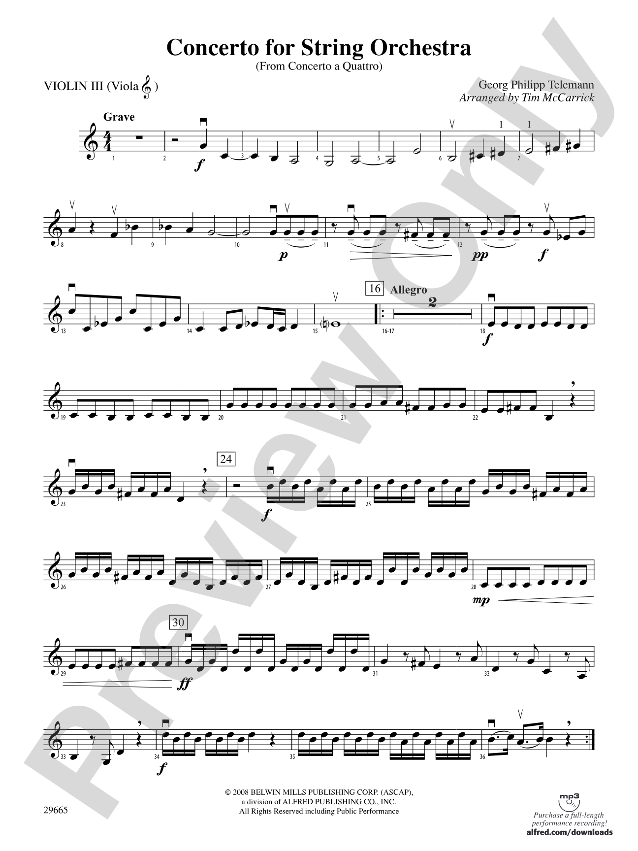 Concerto for String Orchestra (from Concerto a Quattro): 3rd Violin (Viola [TC])