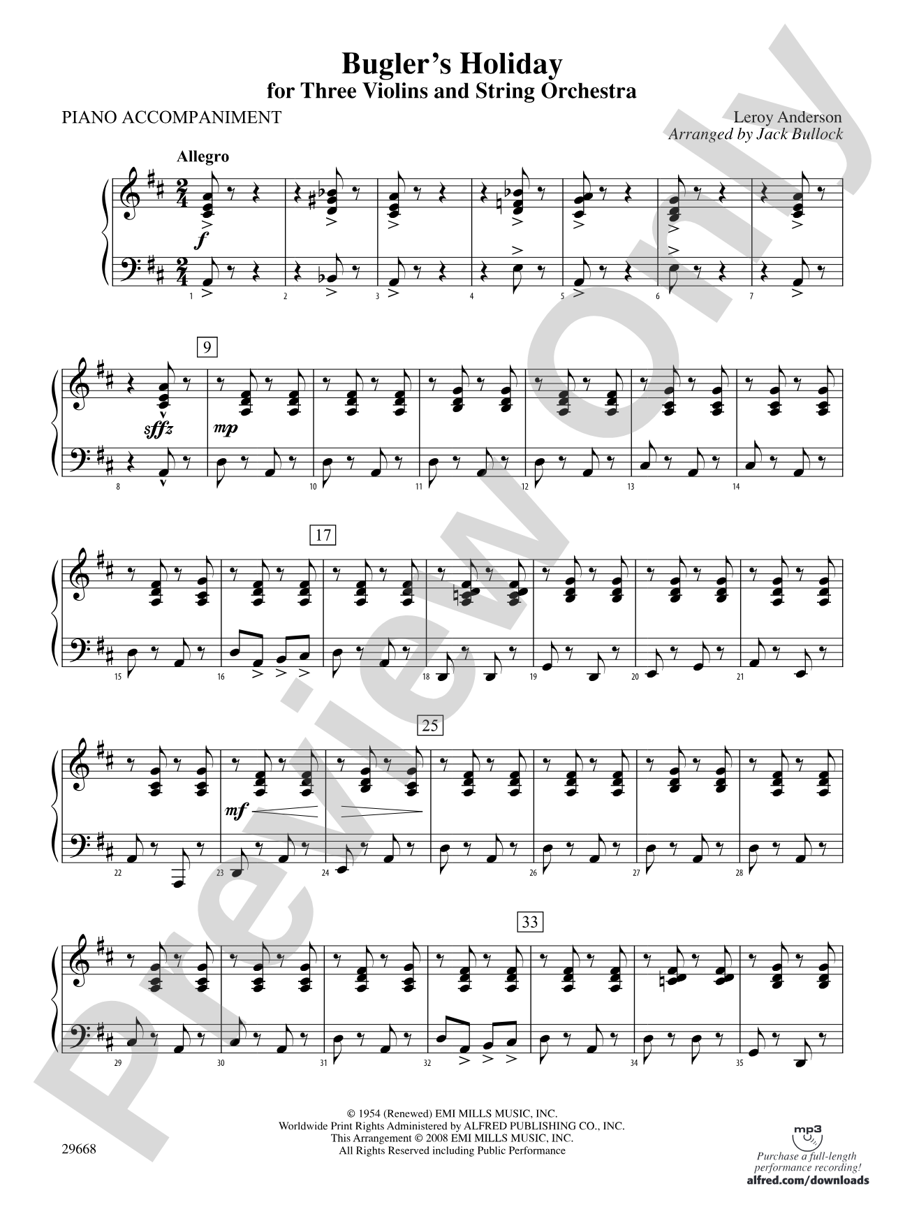 Bugler's Holiday for Three Violins and String Orchestra: Piano Accompaniment