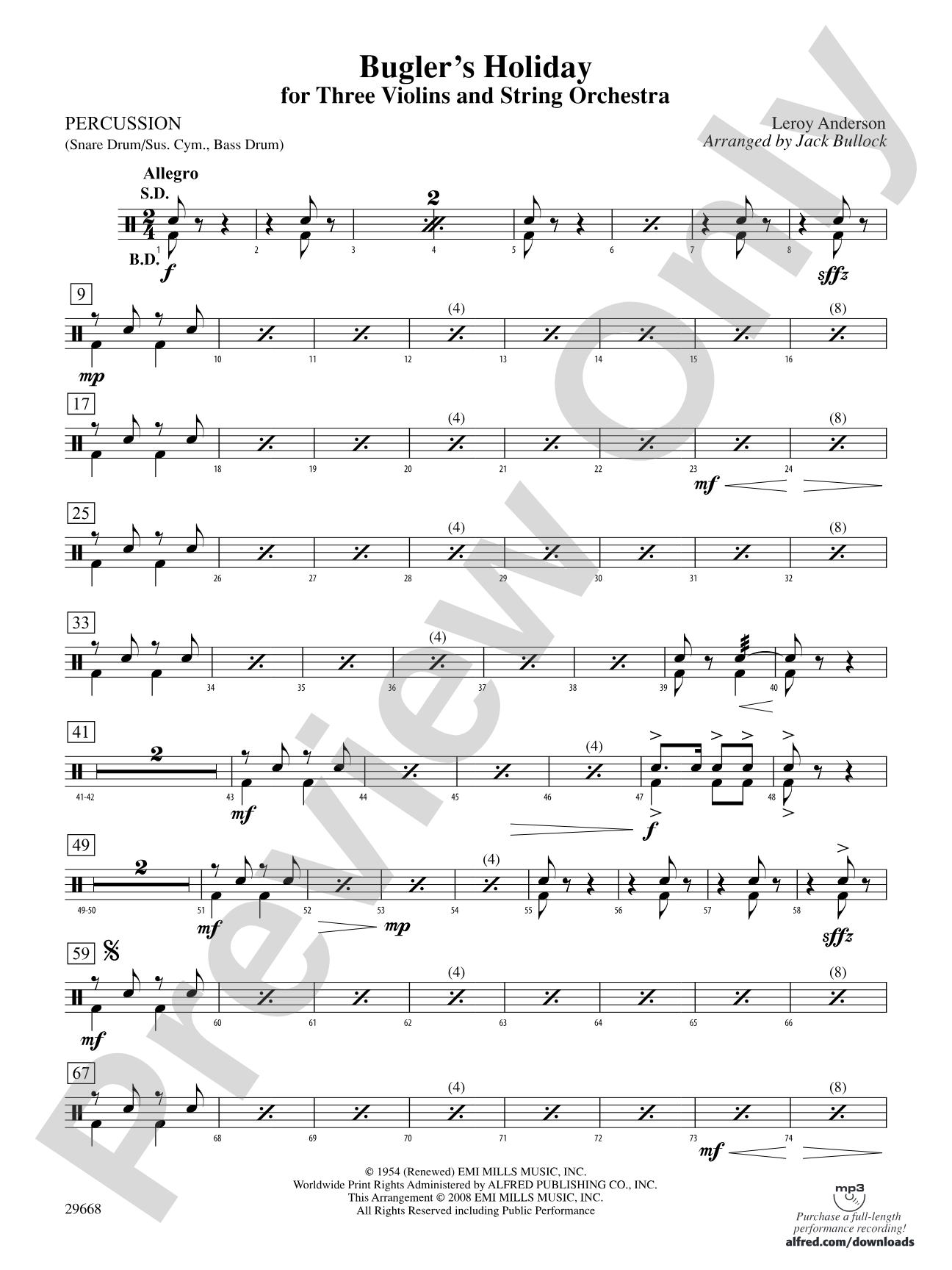 Bugler's Holiday for Three Violins and String Orchestra: 1st Percussion