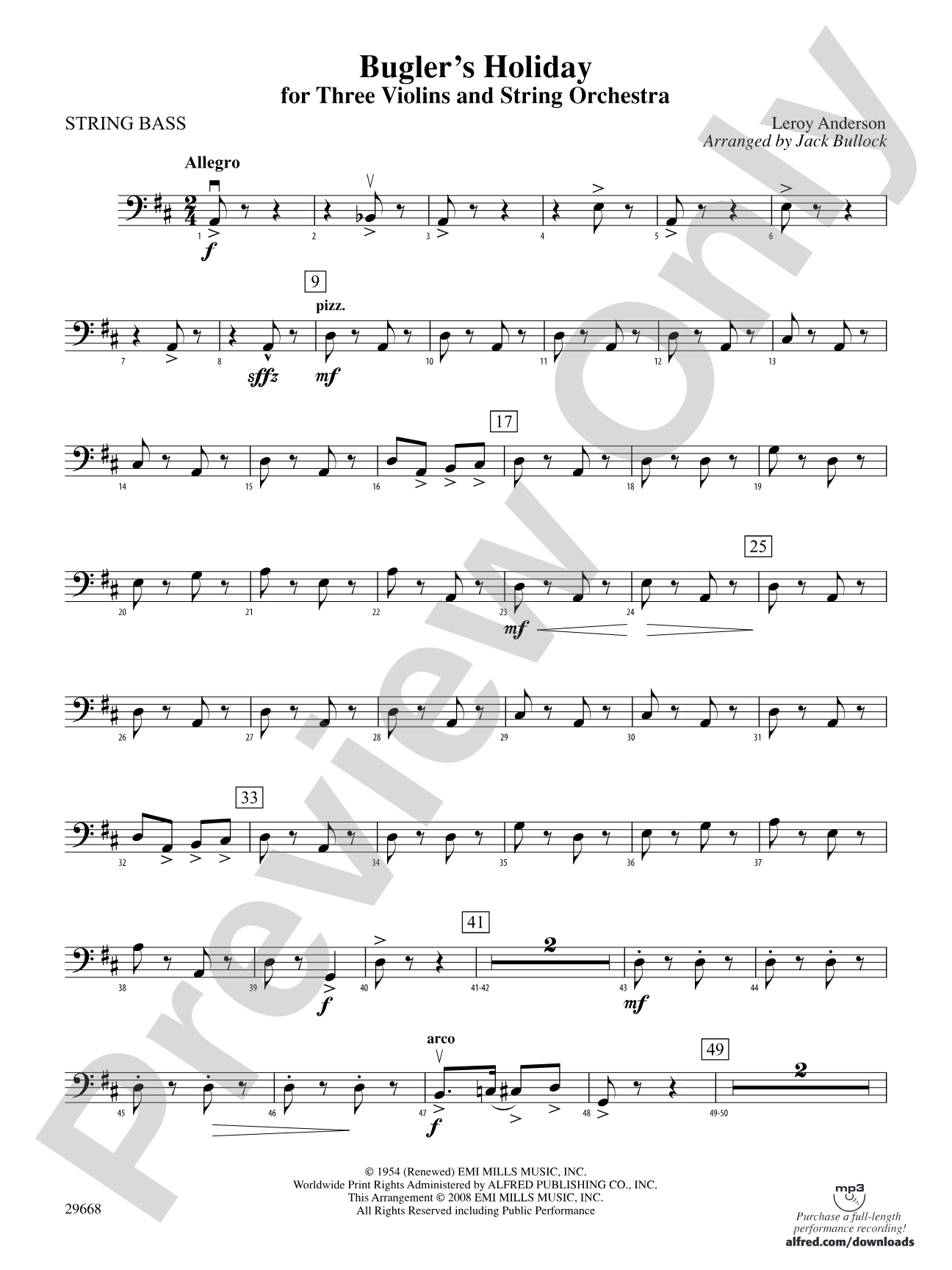Bugler's Holiday for Three Violins and String Orchestra: String Bass