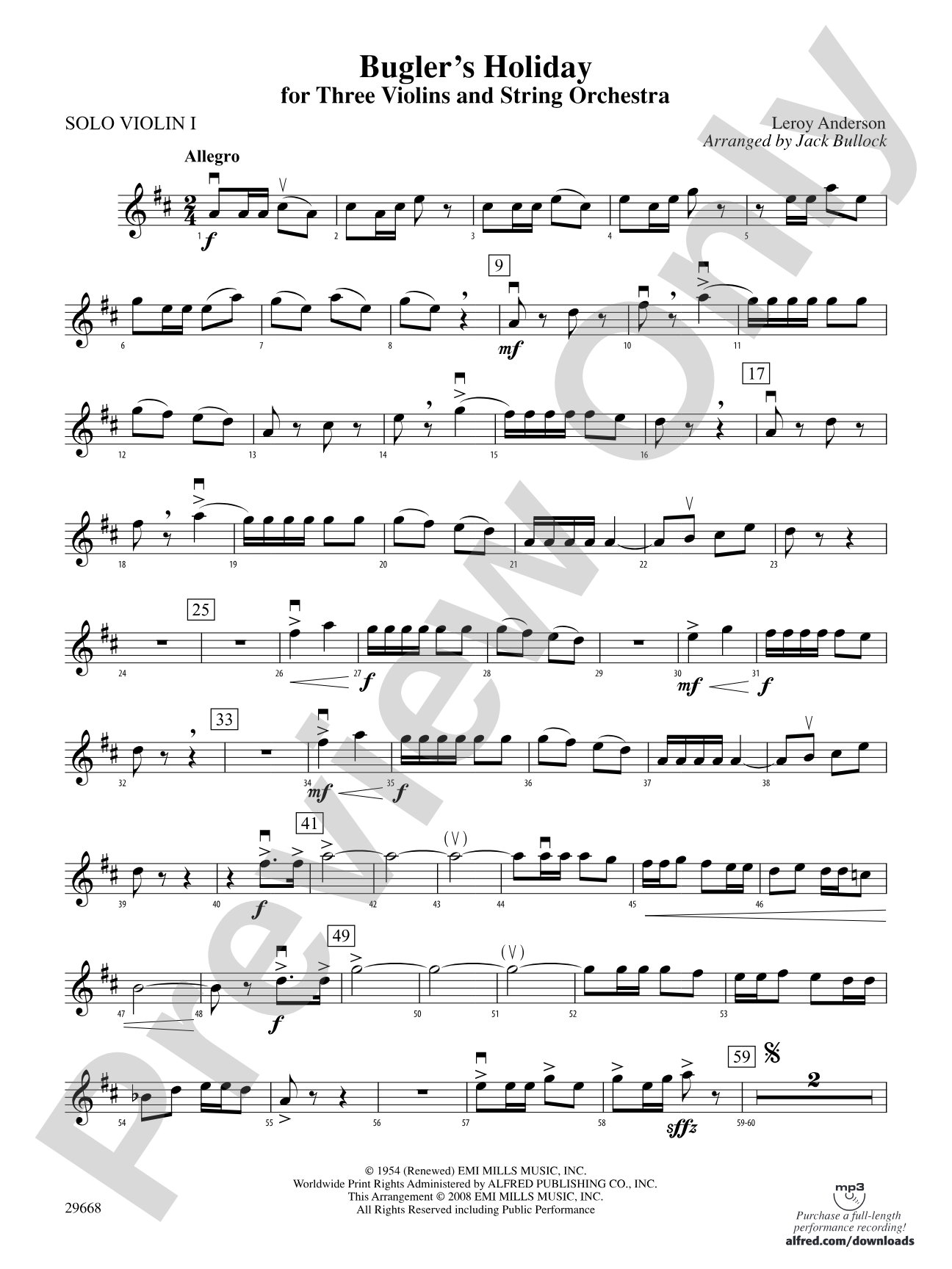 Bugler's Holiday for Three Violins and String Orchestra: Solo 1st Violin
