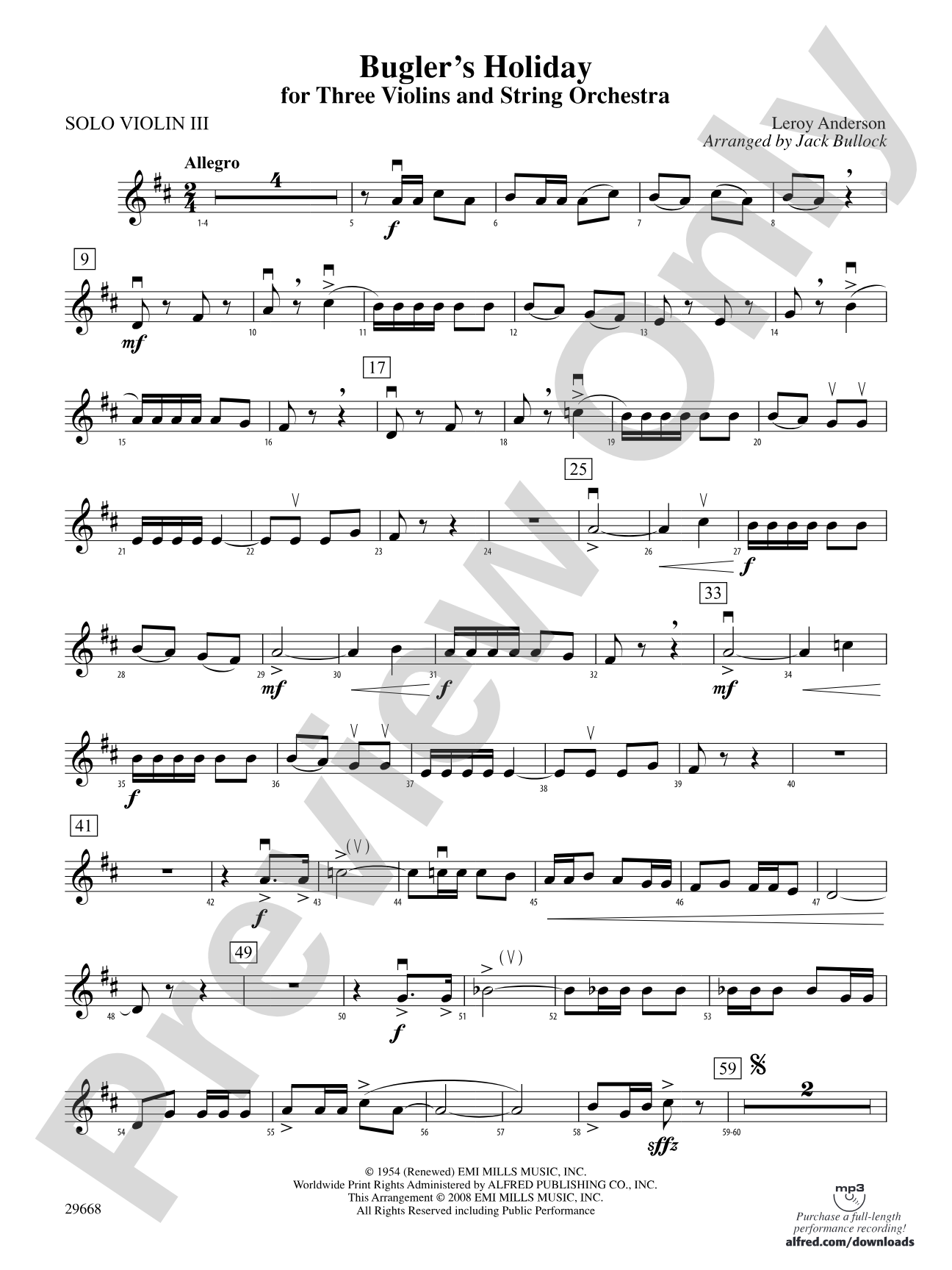 Bugler's Holiday for Three Violins and String Orchestra: Solo 3rd Violin