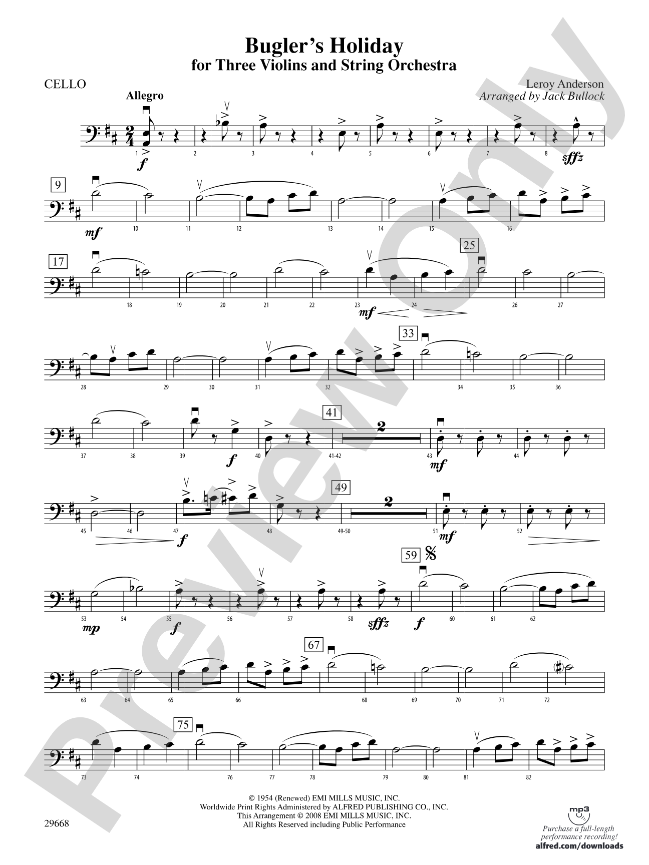 Bugler's Holiday for Three Violins and String Orchestra: Cello