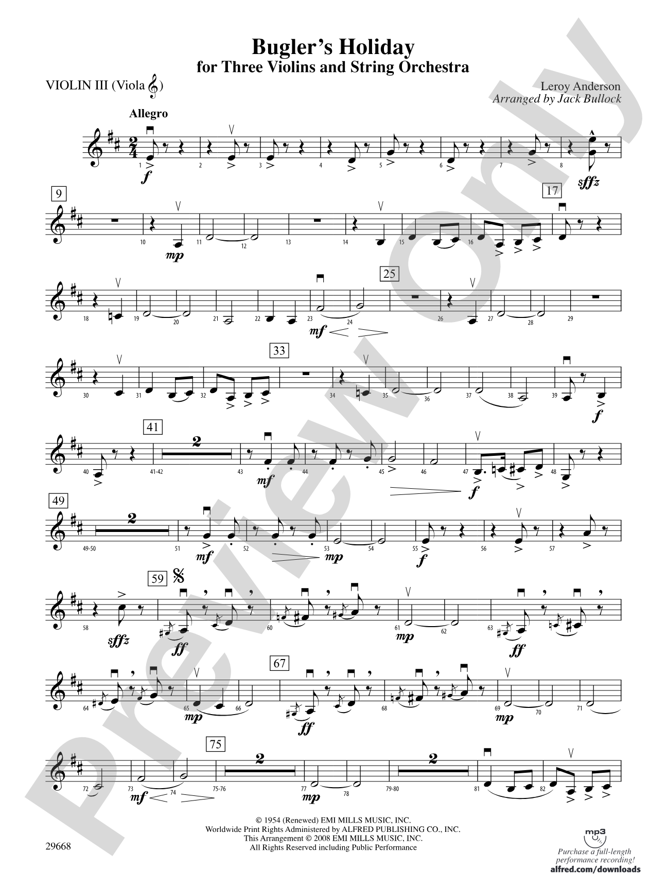 Bugler's Holiday for Three Violins and String Orchestra: 3rd Violin (Viola [TC])