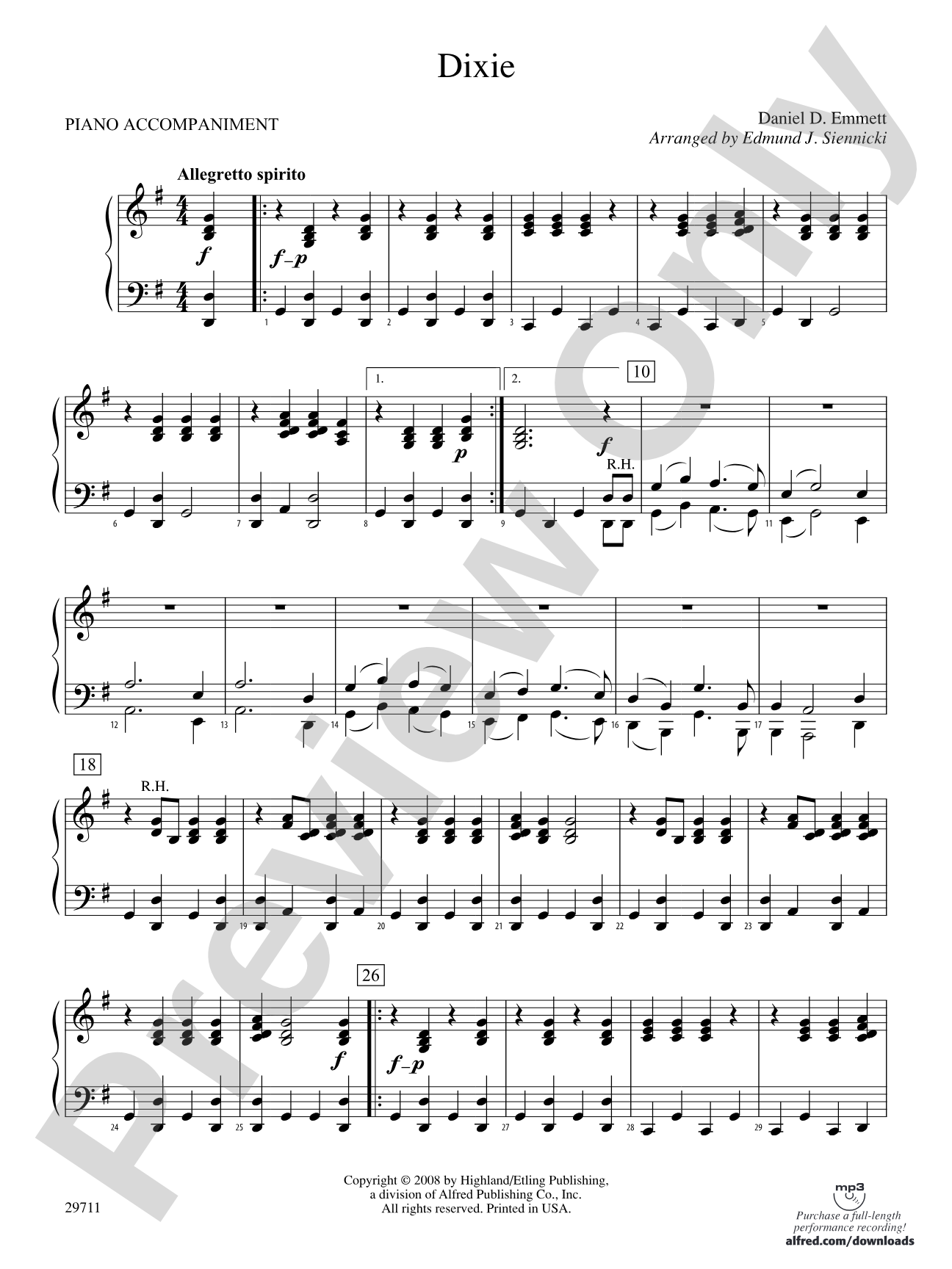 Dixie: Piano Accompaniment