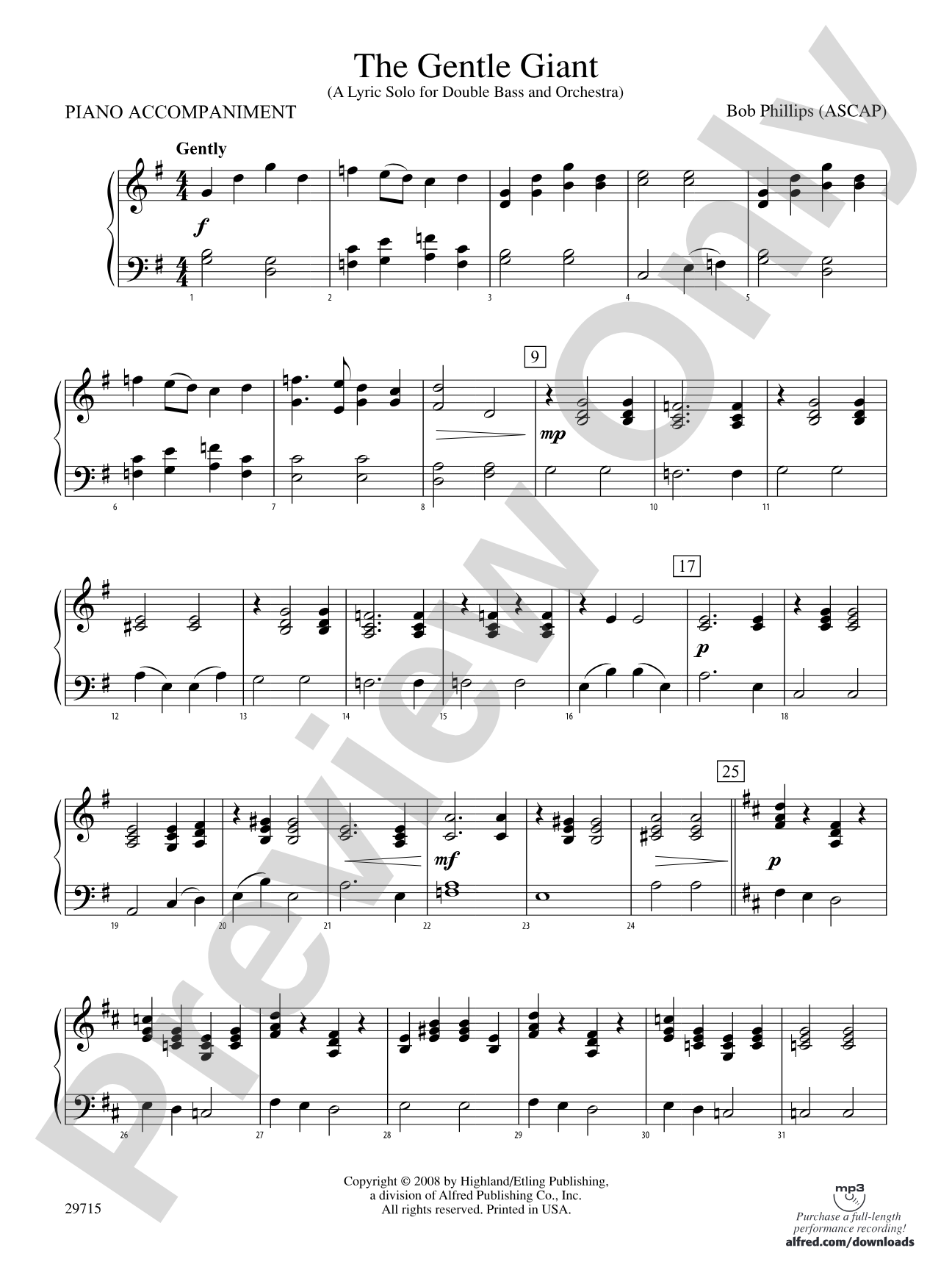 The Gentle Giant (A Lyric Solo for Double Bass and Orchestra): Piano Accompaniment