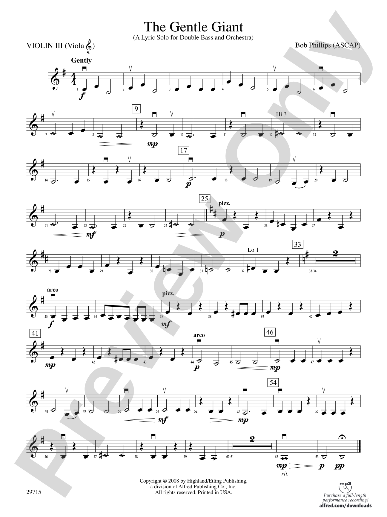 The Gentle Giant (A Lyric Solo for Double Bass and Orchestra): 3rd Violin (Viola [TC])