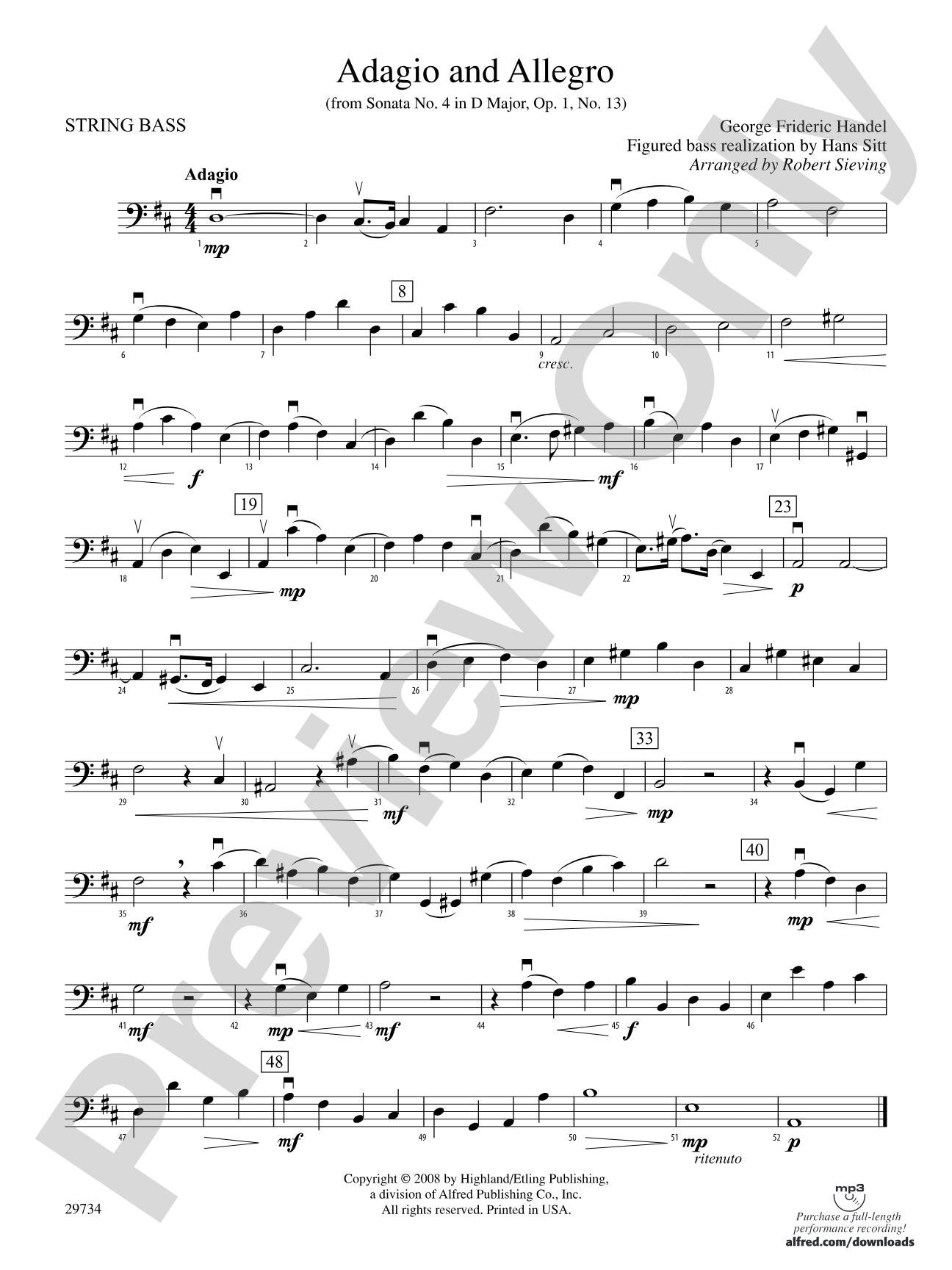 Adagio and Allegro (from Sonata No. 4 in D major, Op. 1, No. 13): String Bass