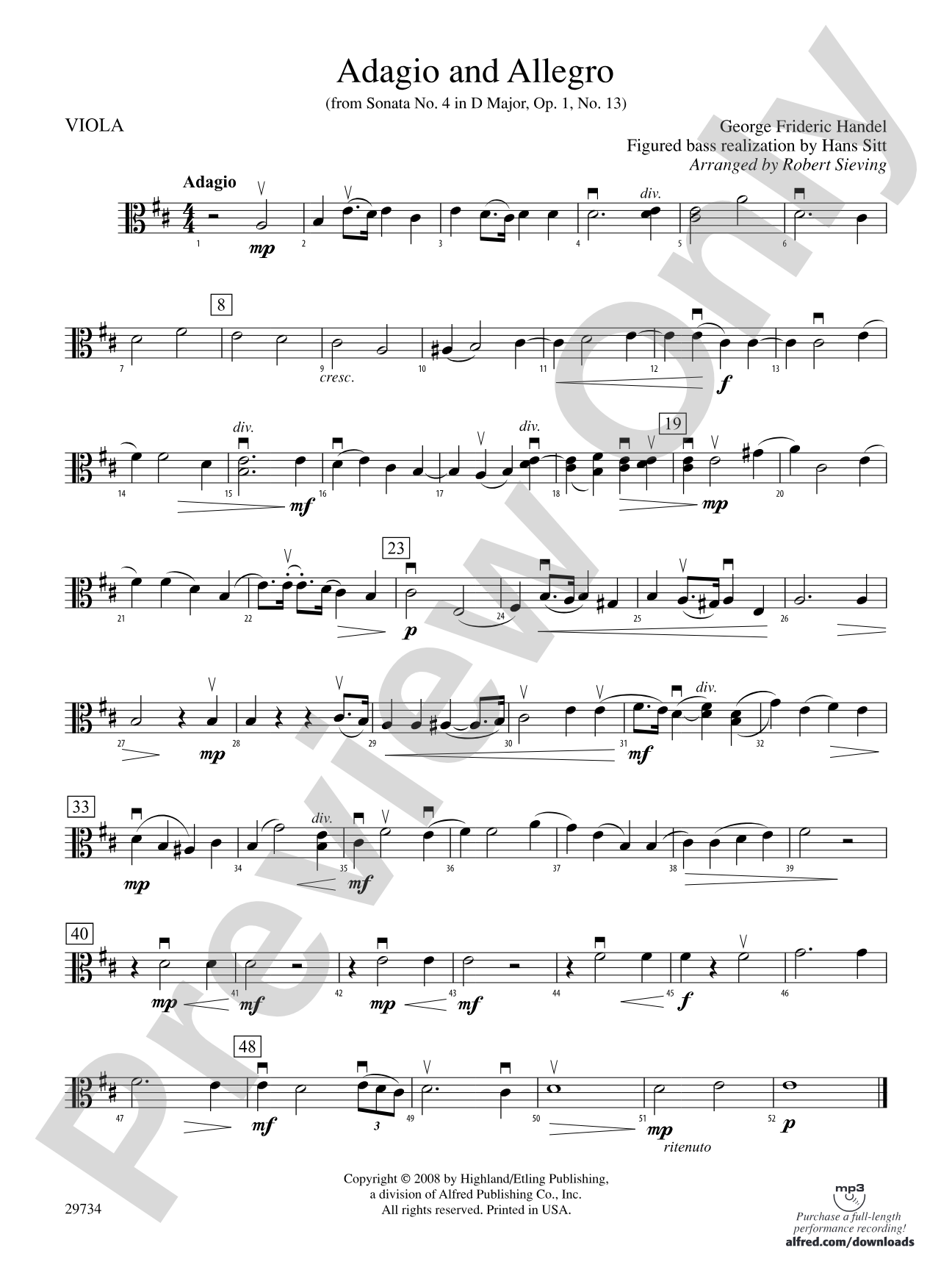 Adagio and Allegro (from Sonata No. 4 in D major, Op. 1, No. 13): Viola