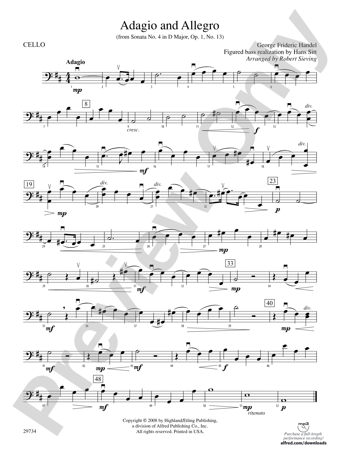 Adagio and Allegro (from Sonata No. 4 in D major, Op. 1, No. 13): Cello