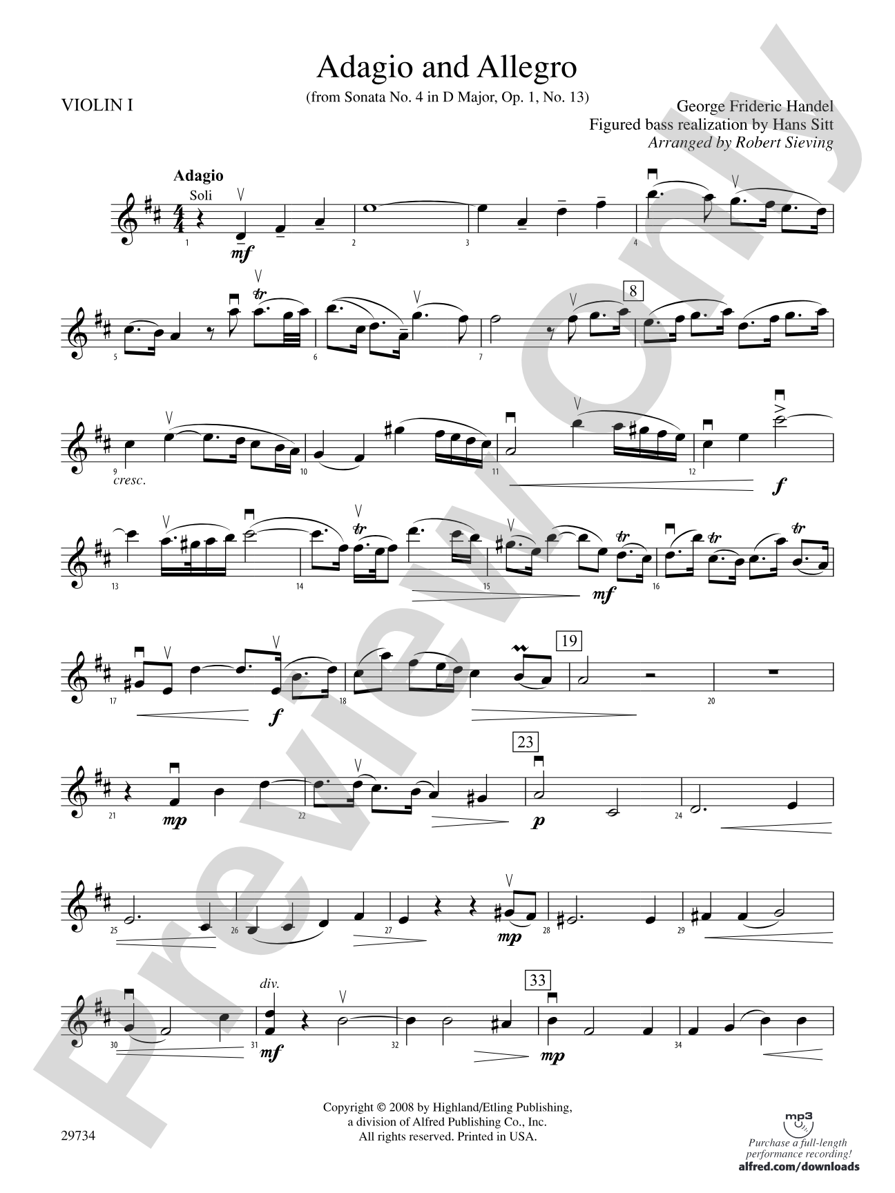 Adagio and Allegro (from Sonata No. 4 in D major, Op. 1, No. 13): 1st Violin