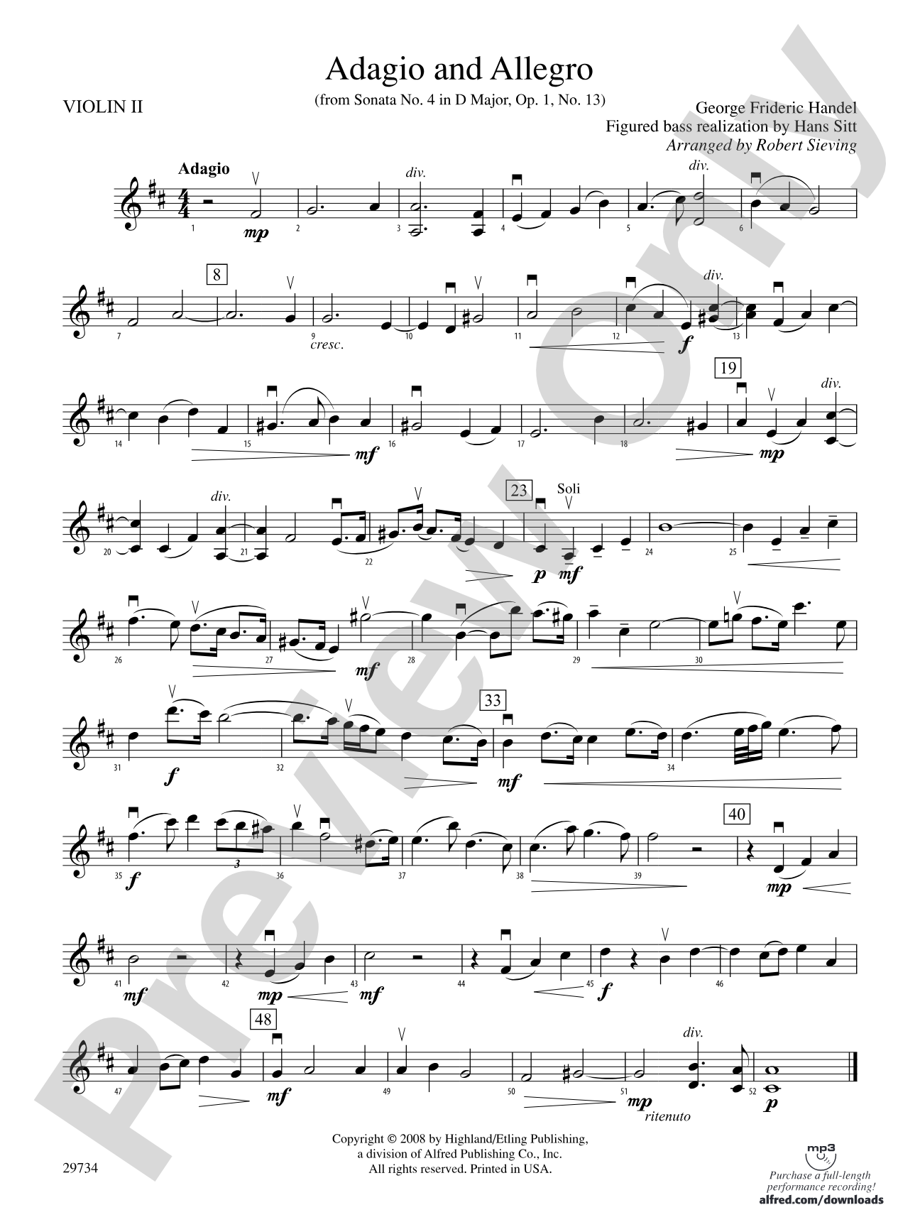Adagio and Allegro (from Sonata No. 4 in D major, Op. 1, No. 13): 2nd Violin