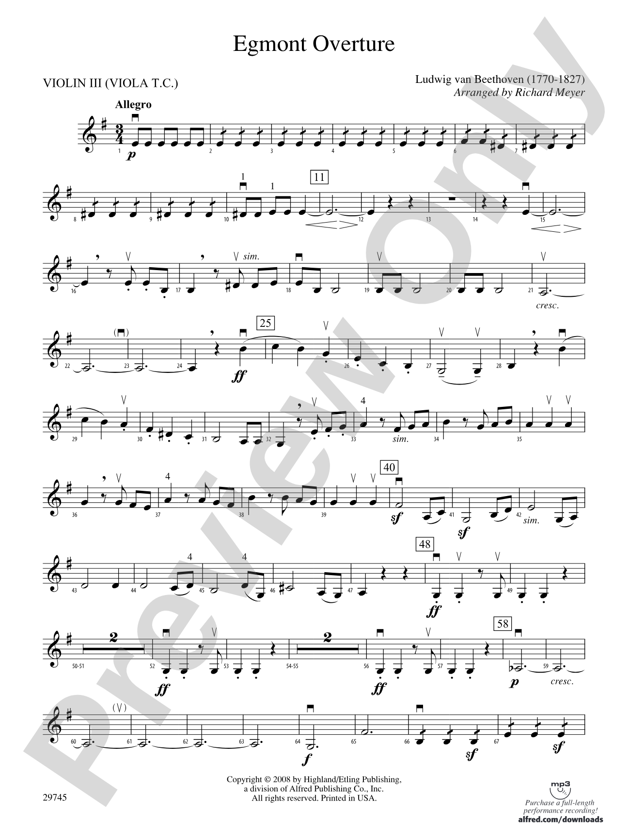 Egmont Overture: 3rd Violin (Viola [TC])