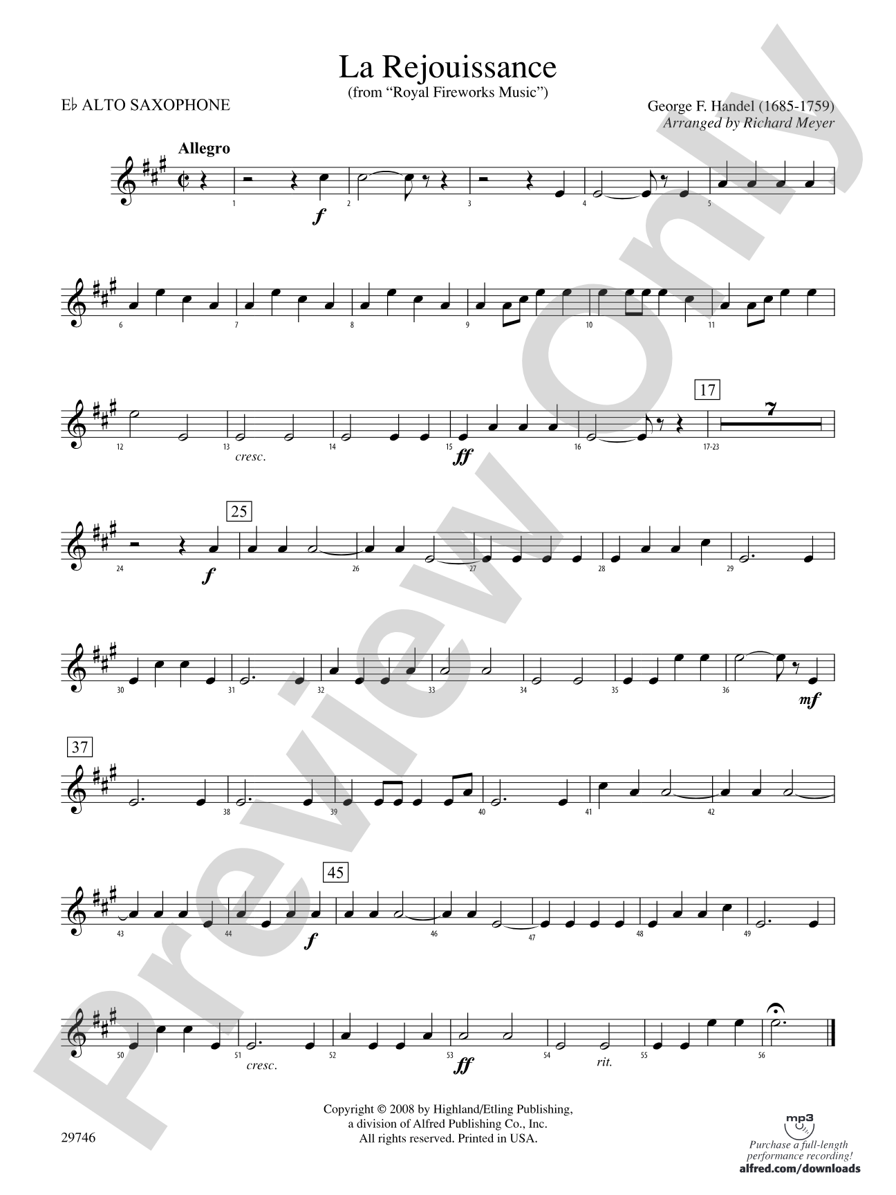 La Rejouissance (from Royal Fireworks Music): E-flat Alto Saxophone