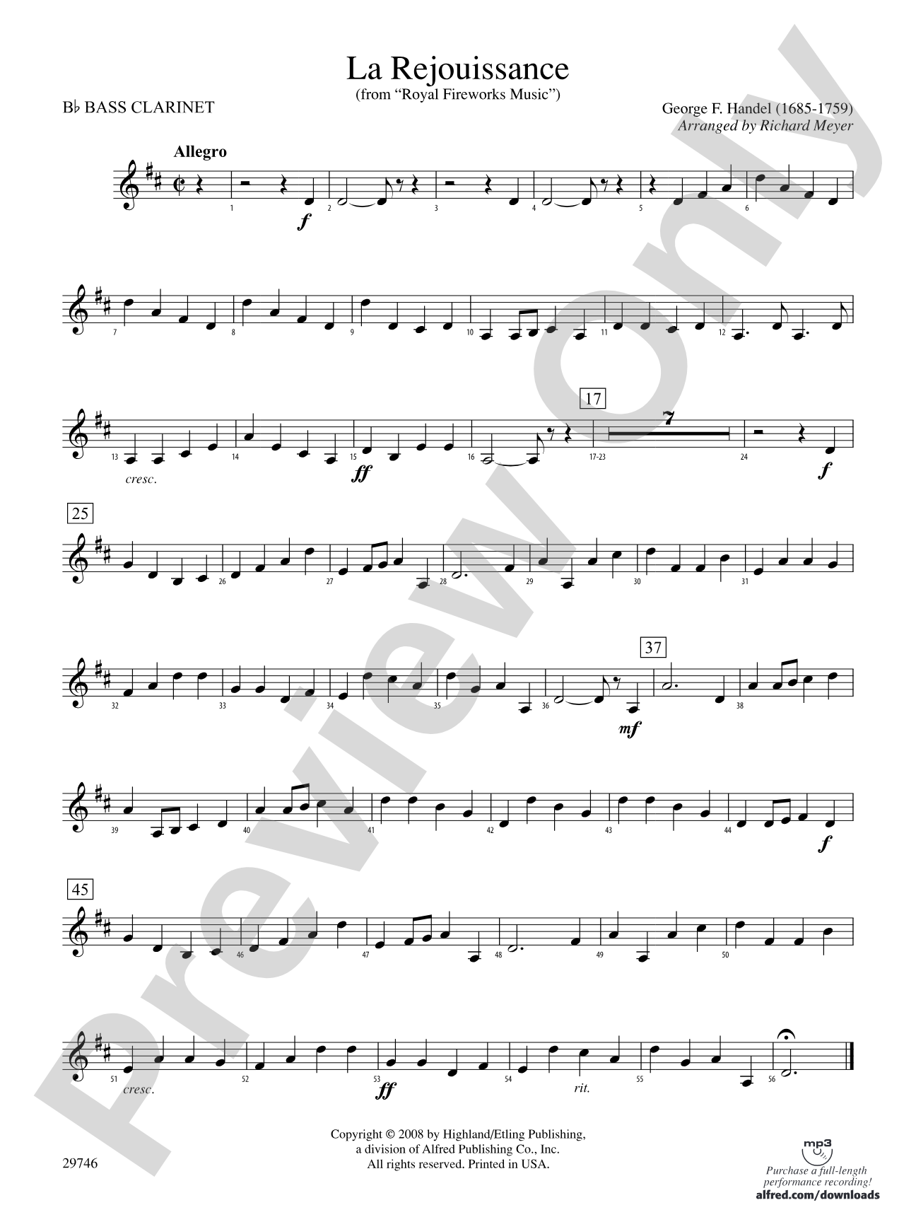 La Rejouissance (from Royal Fireworks Music): B-flat Bass Clarinet