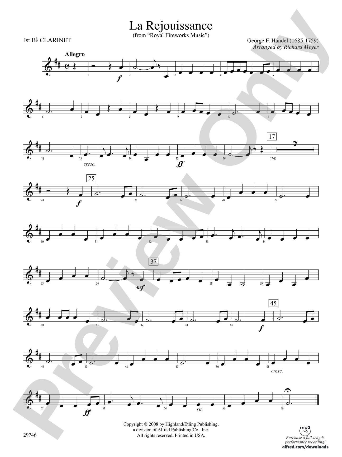 La Rejouissance (from Royal Fireworks Music): 1st B-flat Clarinet