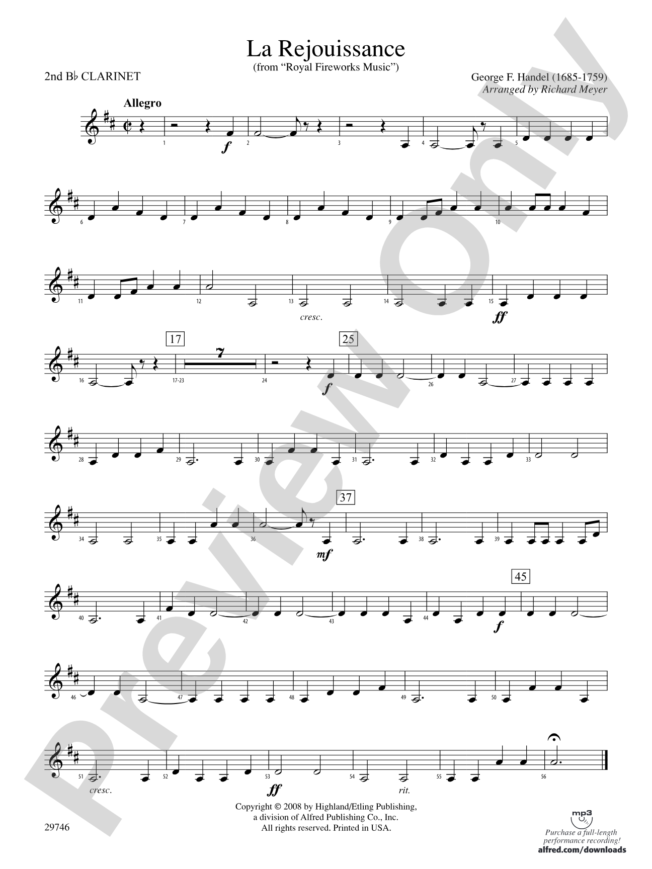 La Rejouissance (from Royal Fireworks Music): 2nd B-flat Clarinet