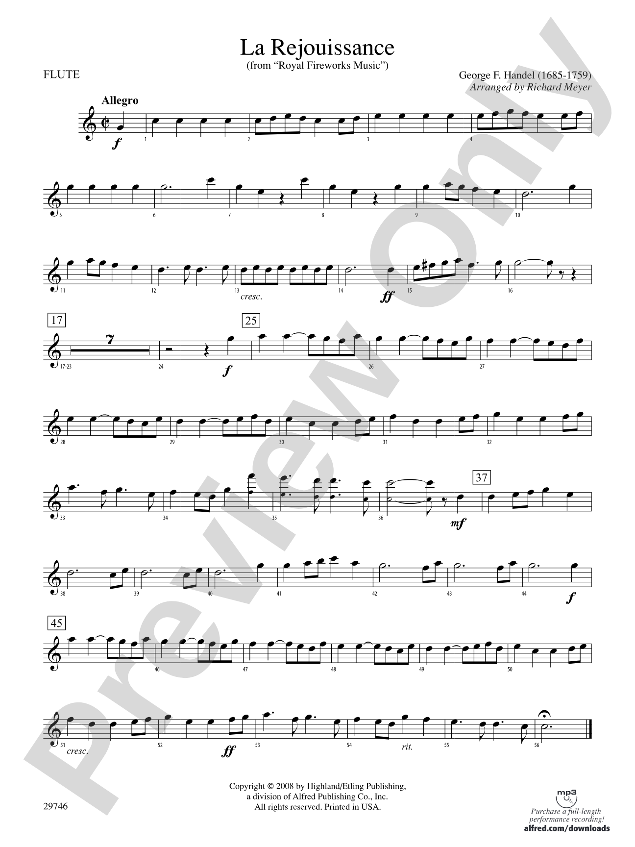 La Rejouissance (from Royal Fireworks Music): Flute