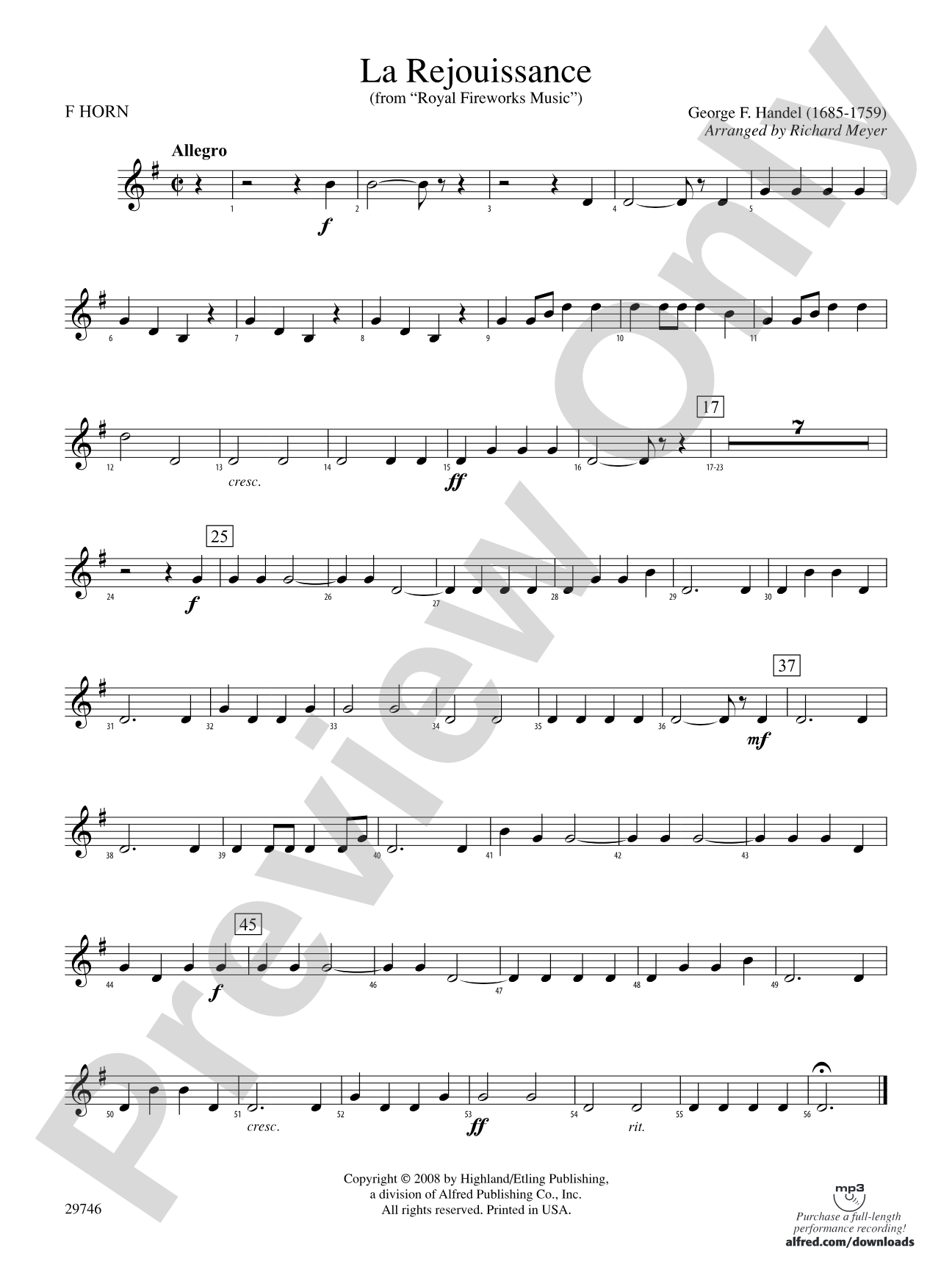 La Rejouissance (from Royal Fireworks Music): 1st F Horn