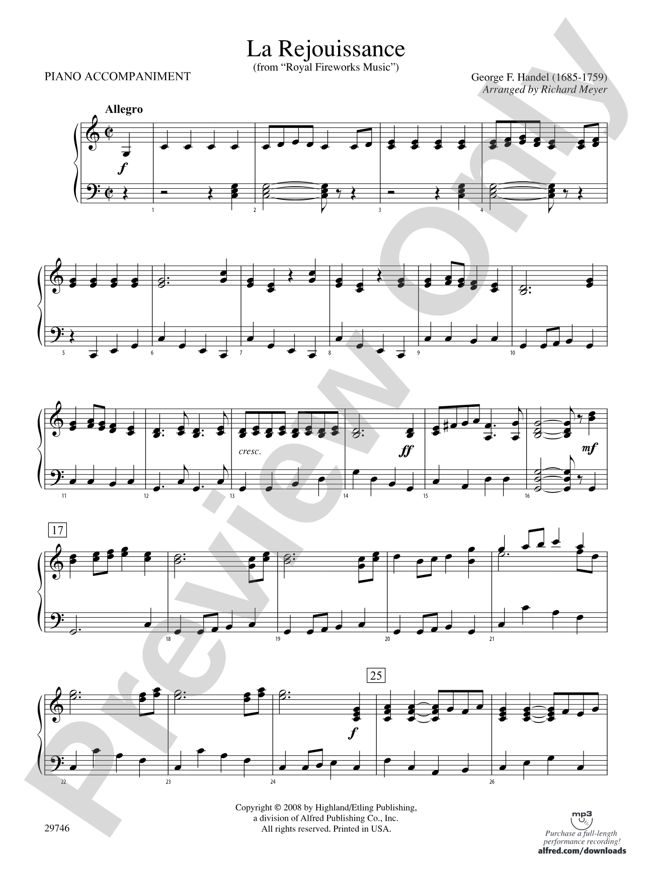 La Rejouissance (from Royal Fireworks Music): Piano Accompaniment