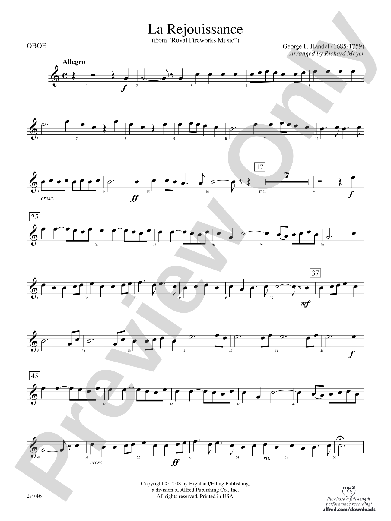 La Rejouissance (from Royal Fireworks Music): Oboe