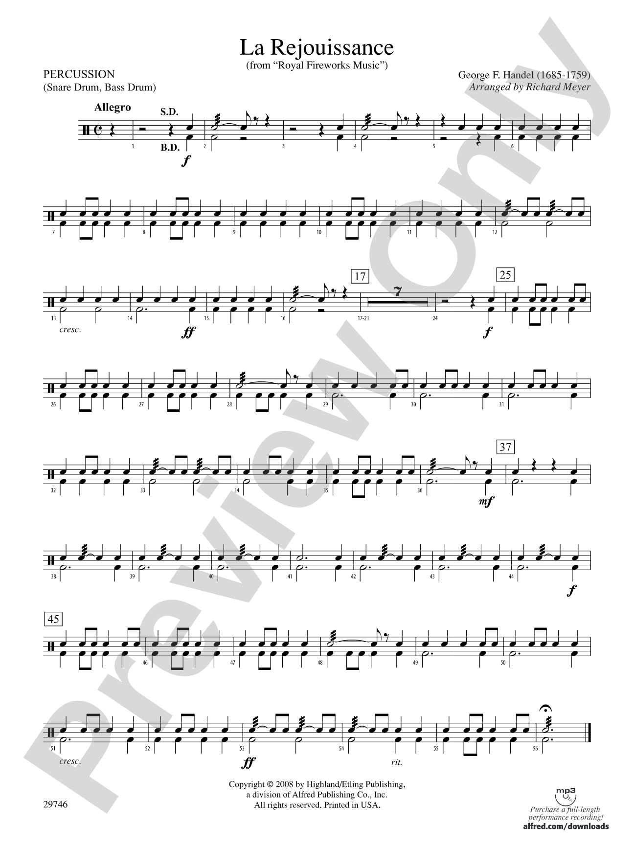 La Rejouissance (from Royal Fireworks Music): 1st Percussion