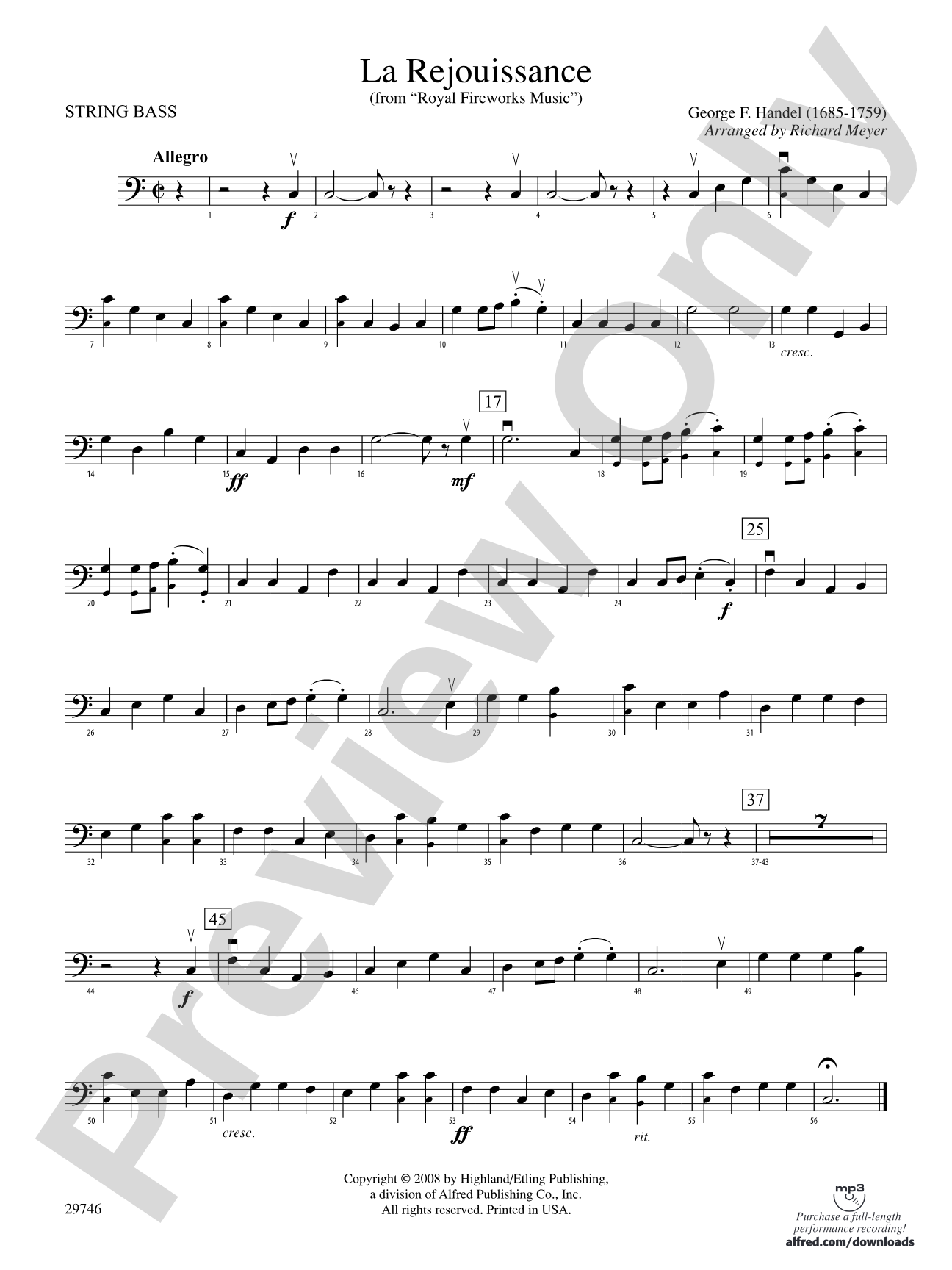 La Rejouissance (from Royal Fireworks Music): String Bass