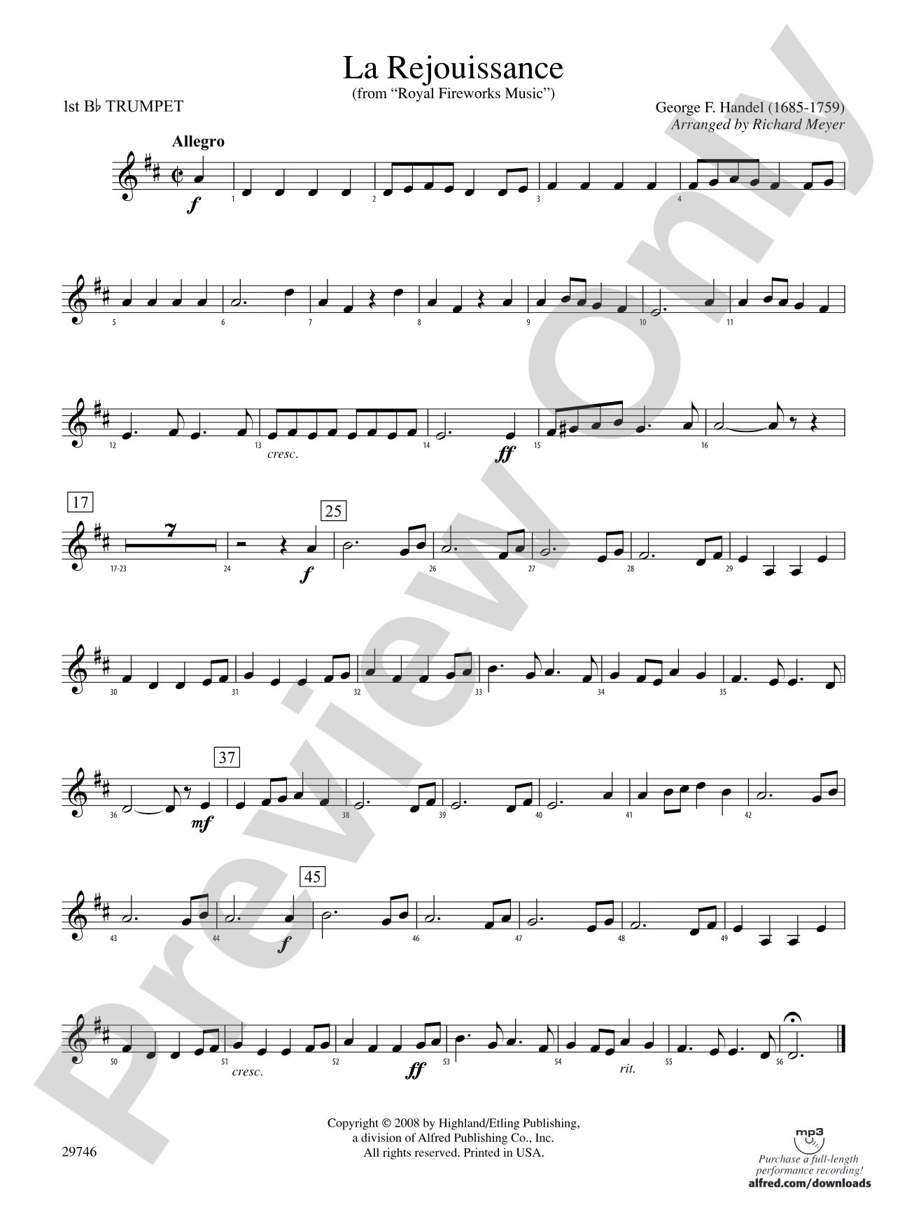 La Rejouissance (from Royal Fireworks Music): 1st B-flat Trumpet