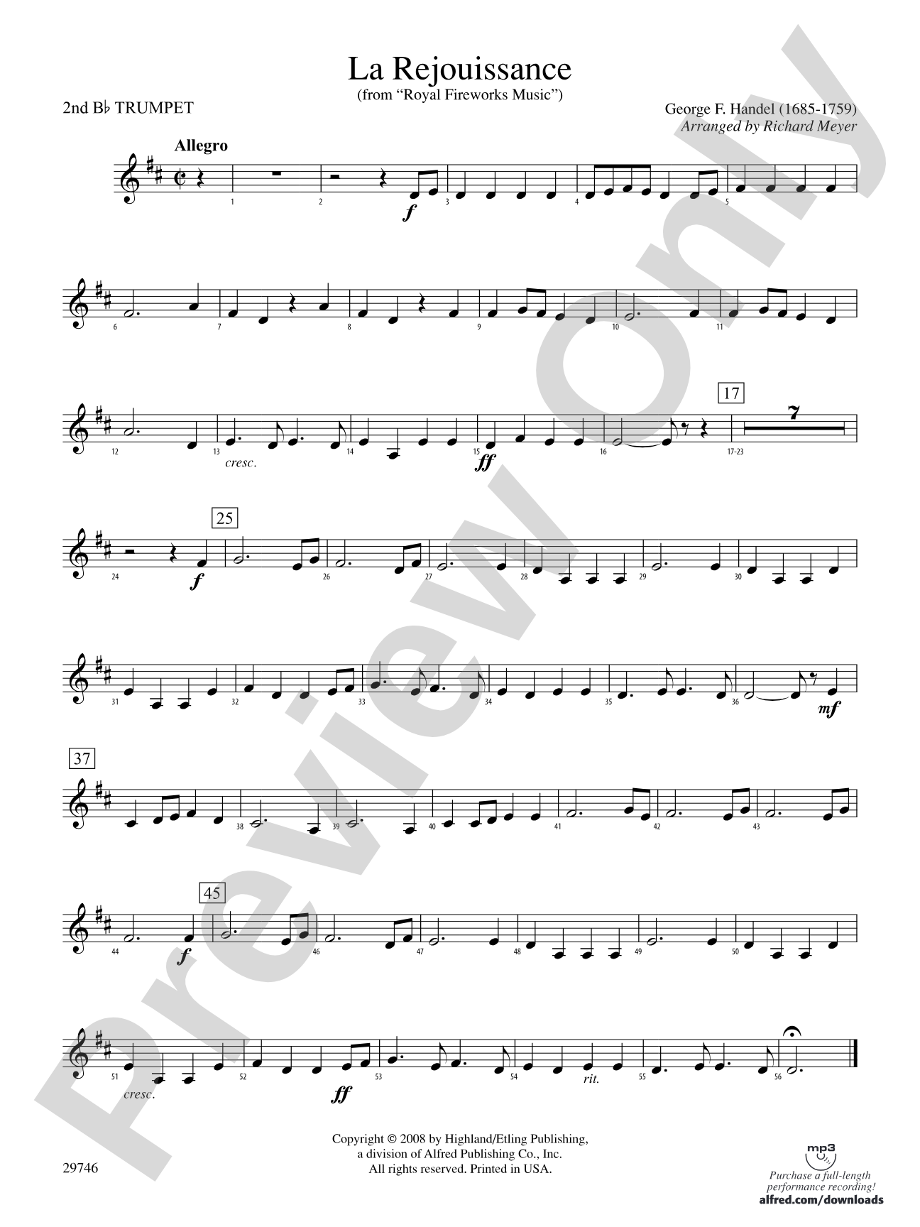 La Rejouissance (from Royal Fireworks Music): 2nd B-flat Trumpet