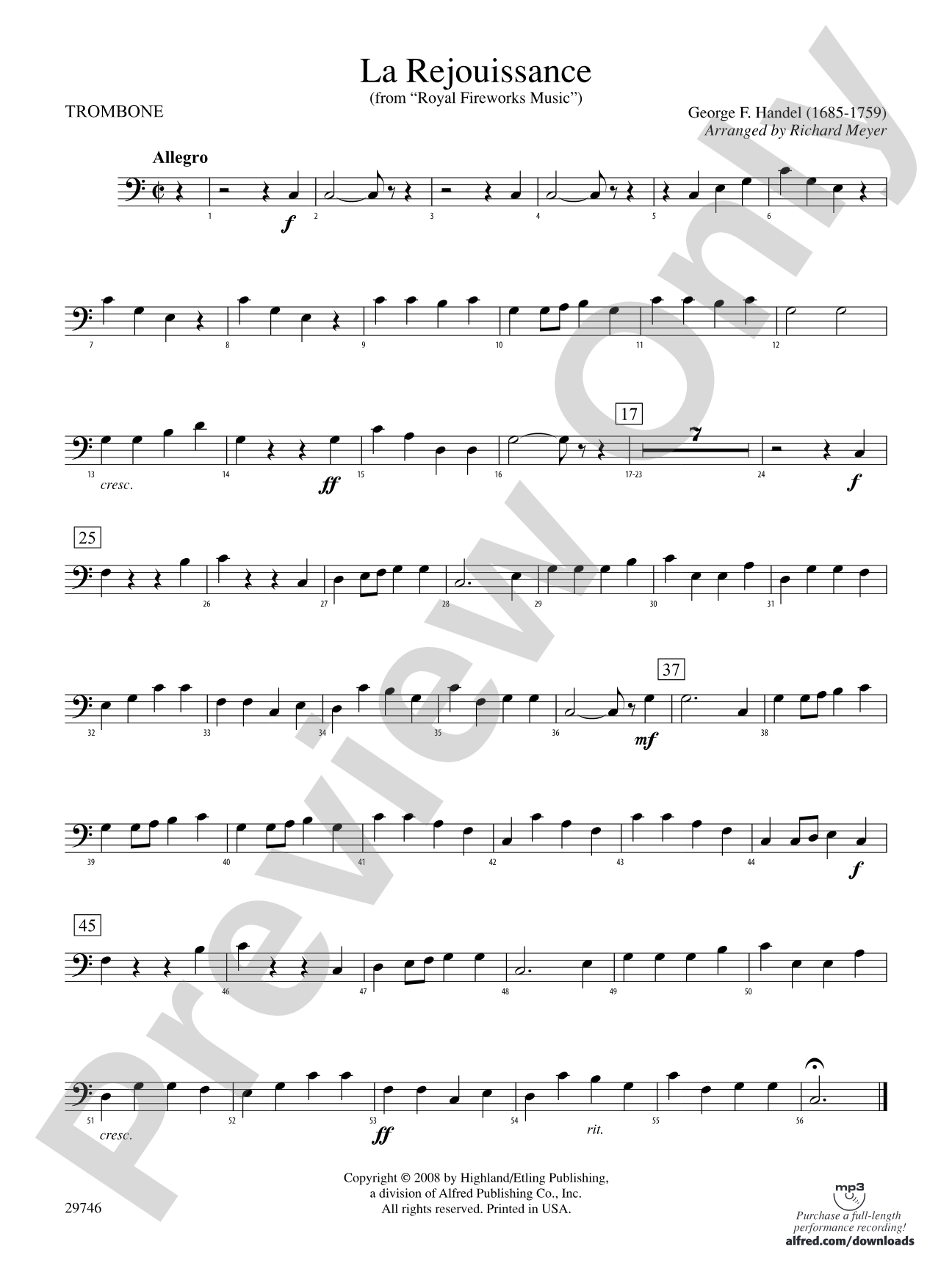 La Rejouissance (from Royal Fireworks Music): 1st Trombone