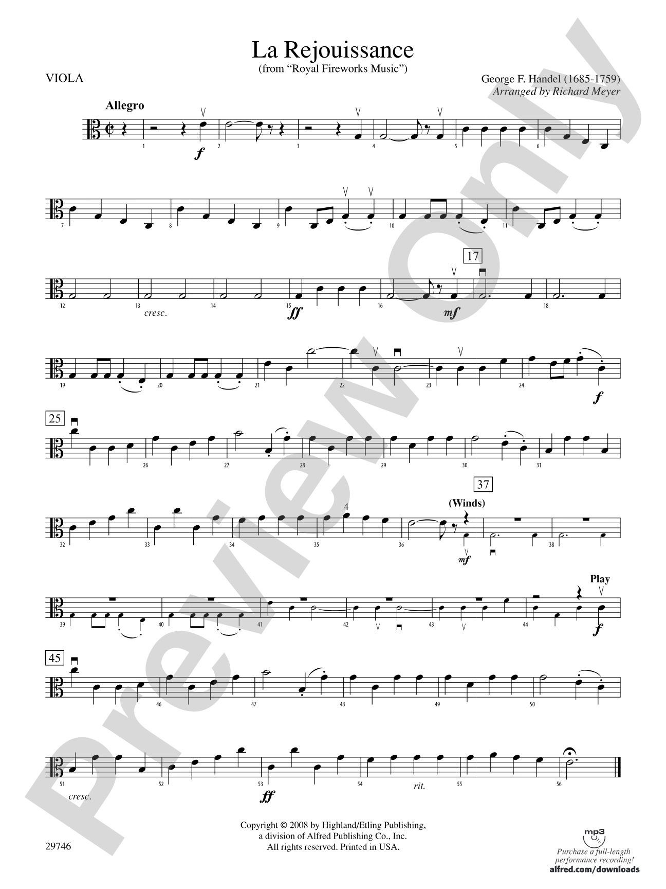 La Rejouissance (from Royal Fireworks Music): Viola