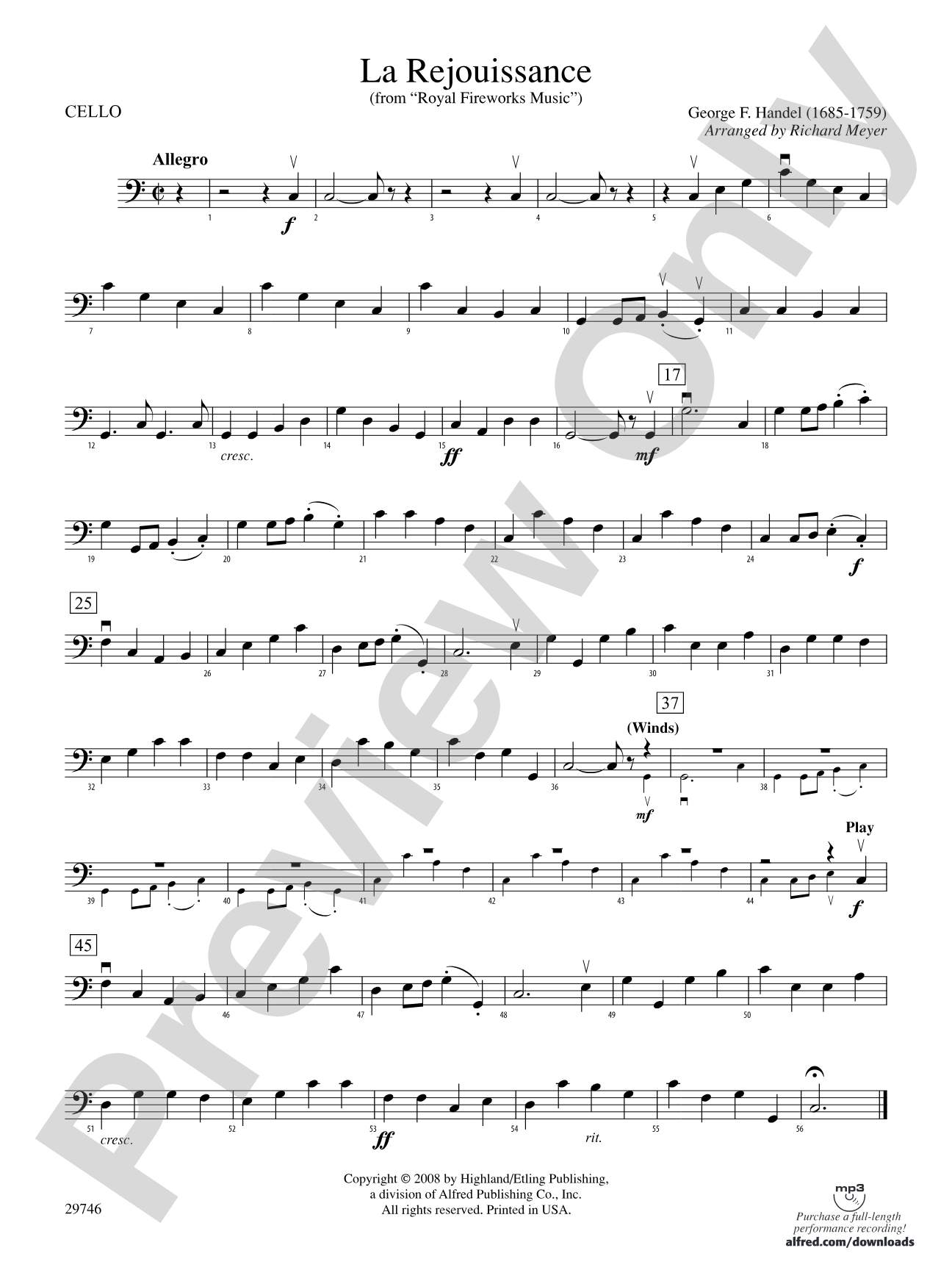 La Rejouissance (from Royal Fireworks Music): Cello