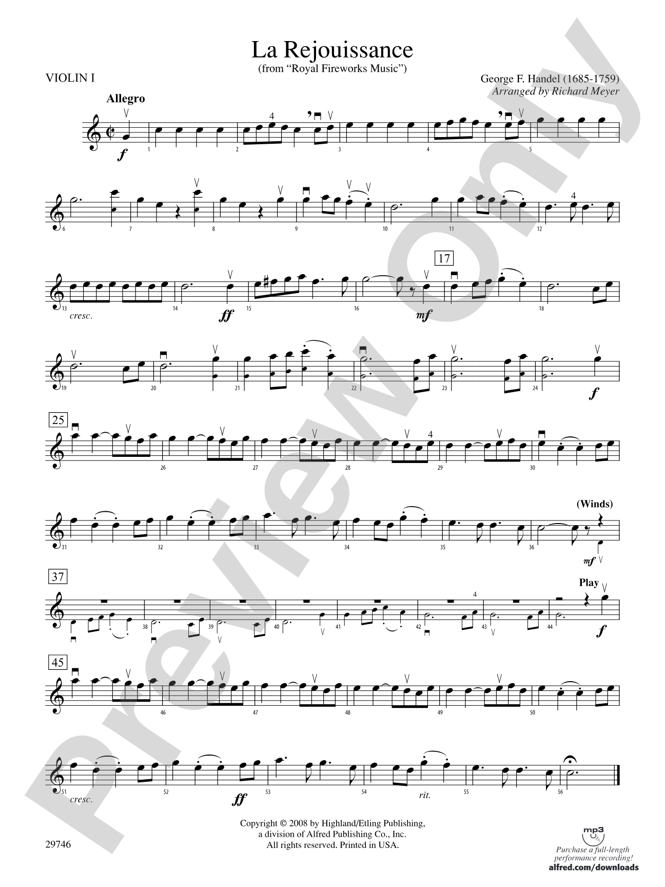 La Rejouissance (from Royal Fireworks Music): 1st Violin
