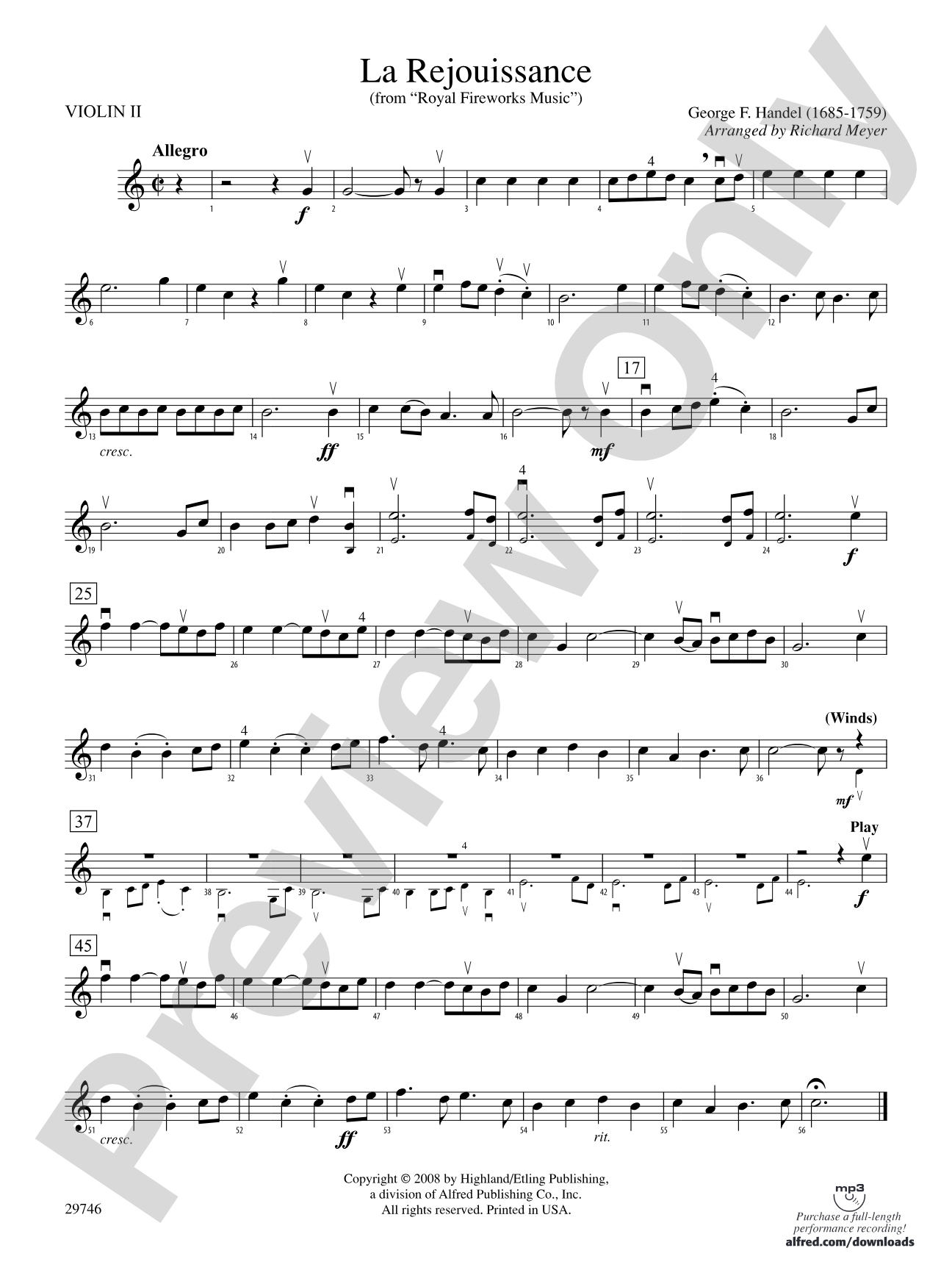La Rejouissance (from Royal Fireworks Music): 2nd Violin