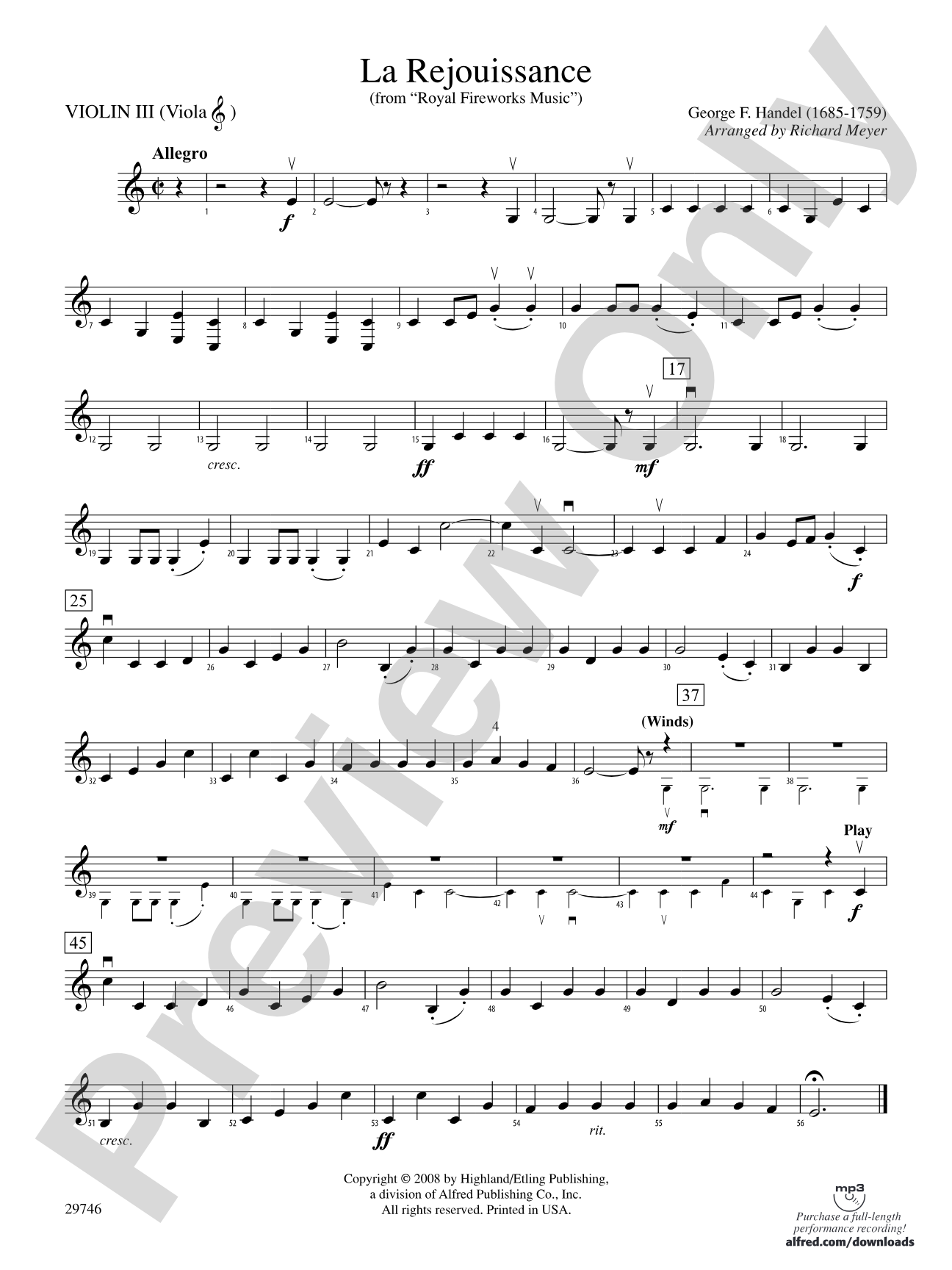 La Rejouissance (from Royal Fireworks Music): 3rd Violin (Viola [TC])
