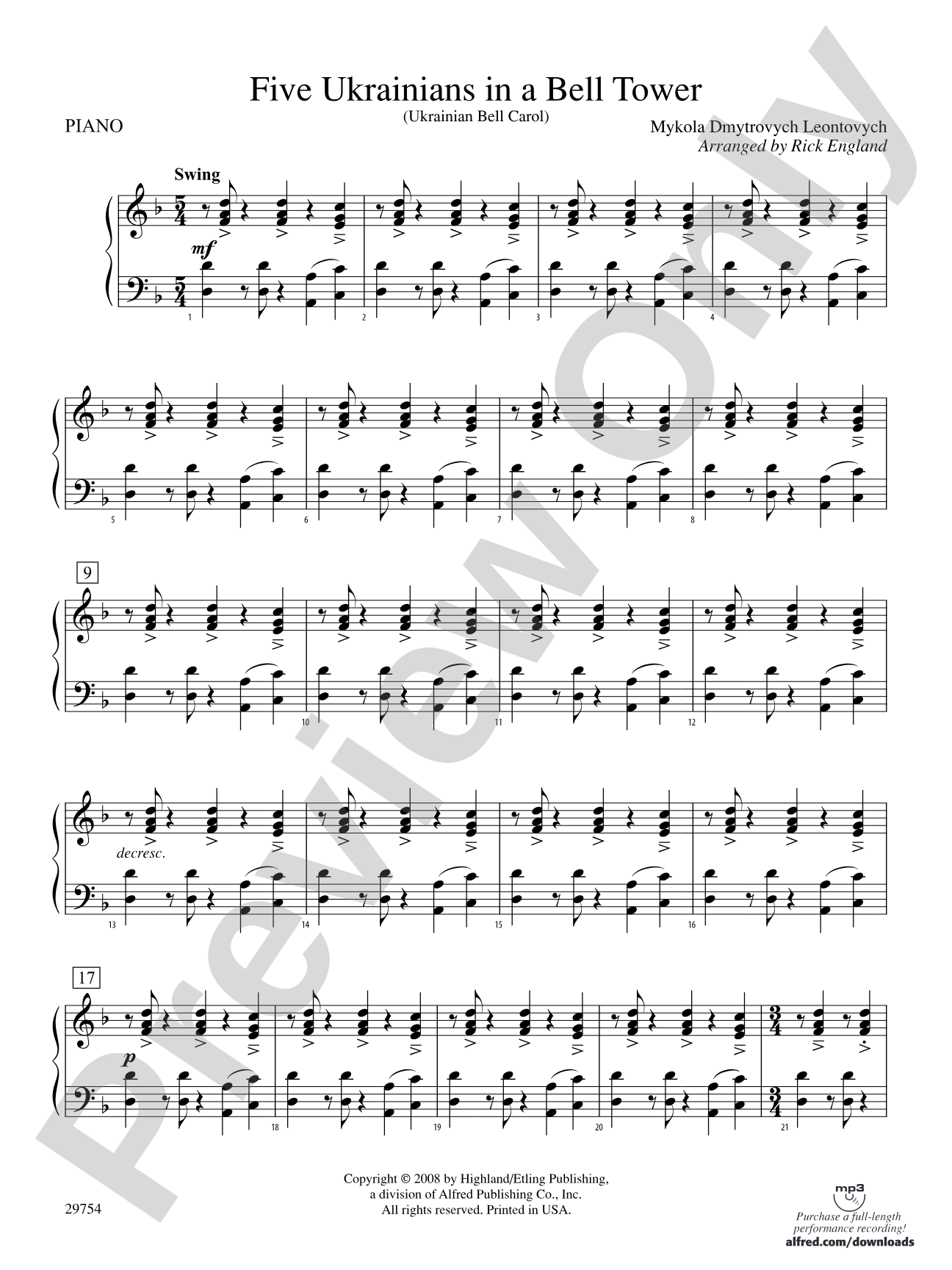 Five Ukrainians in a Bell Tower (Ukrainian Bell Carol): Piano Accompaniment