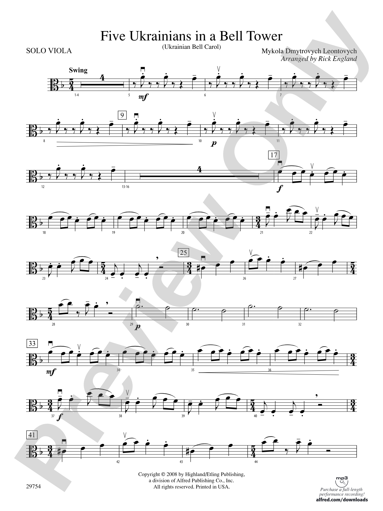 Five Ukrainians in a Bell Tower (Ukrainian Bell Carol): Solo Viola
