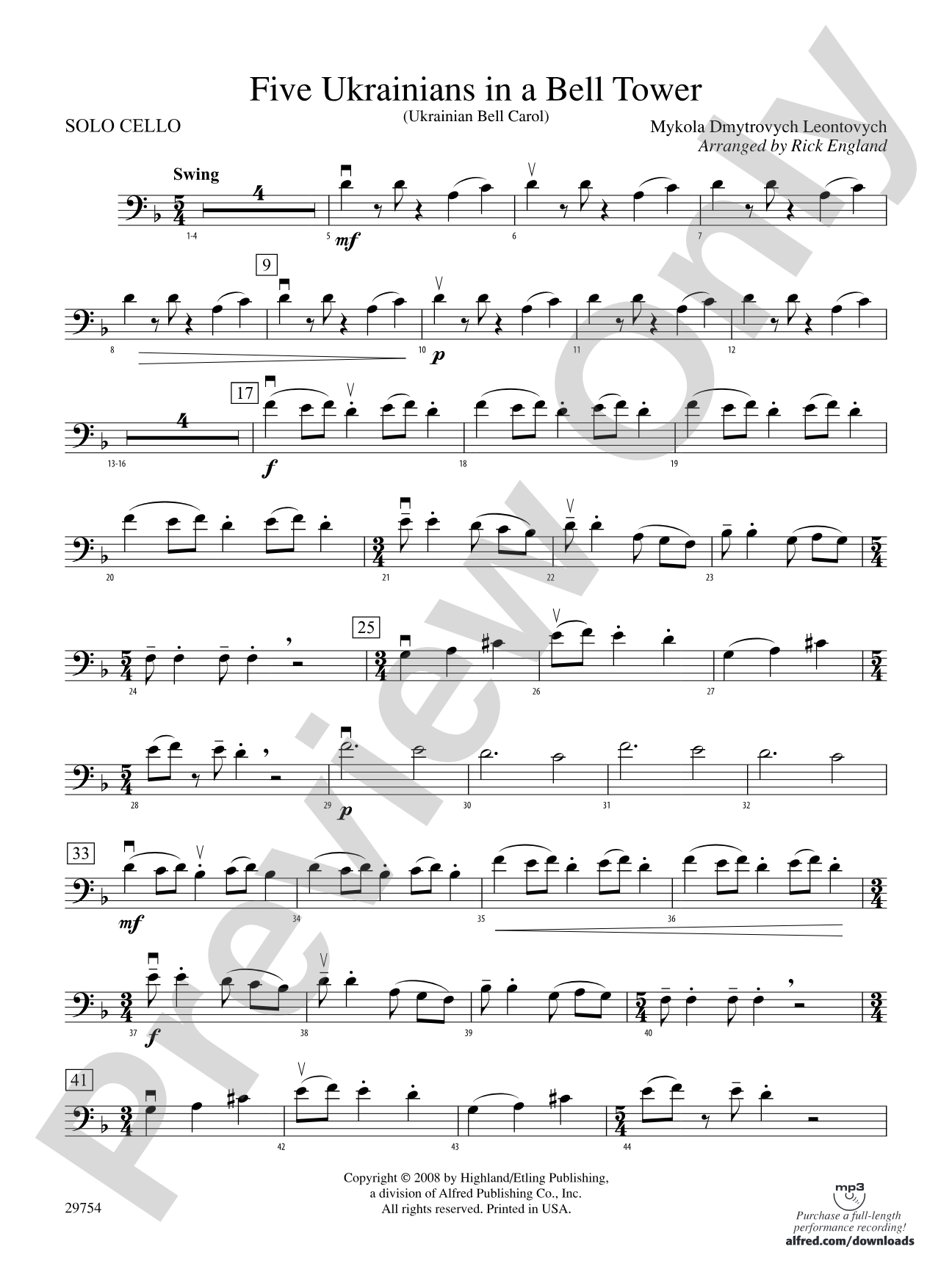 Five Ukrainians in a Bell Tower (Ukrainian Bell Carol): Solo Cello