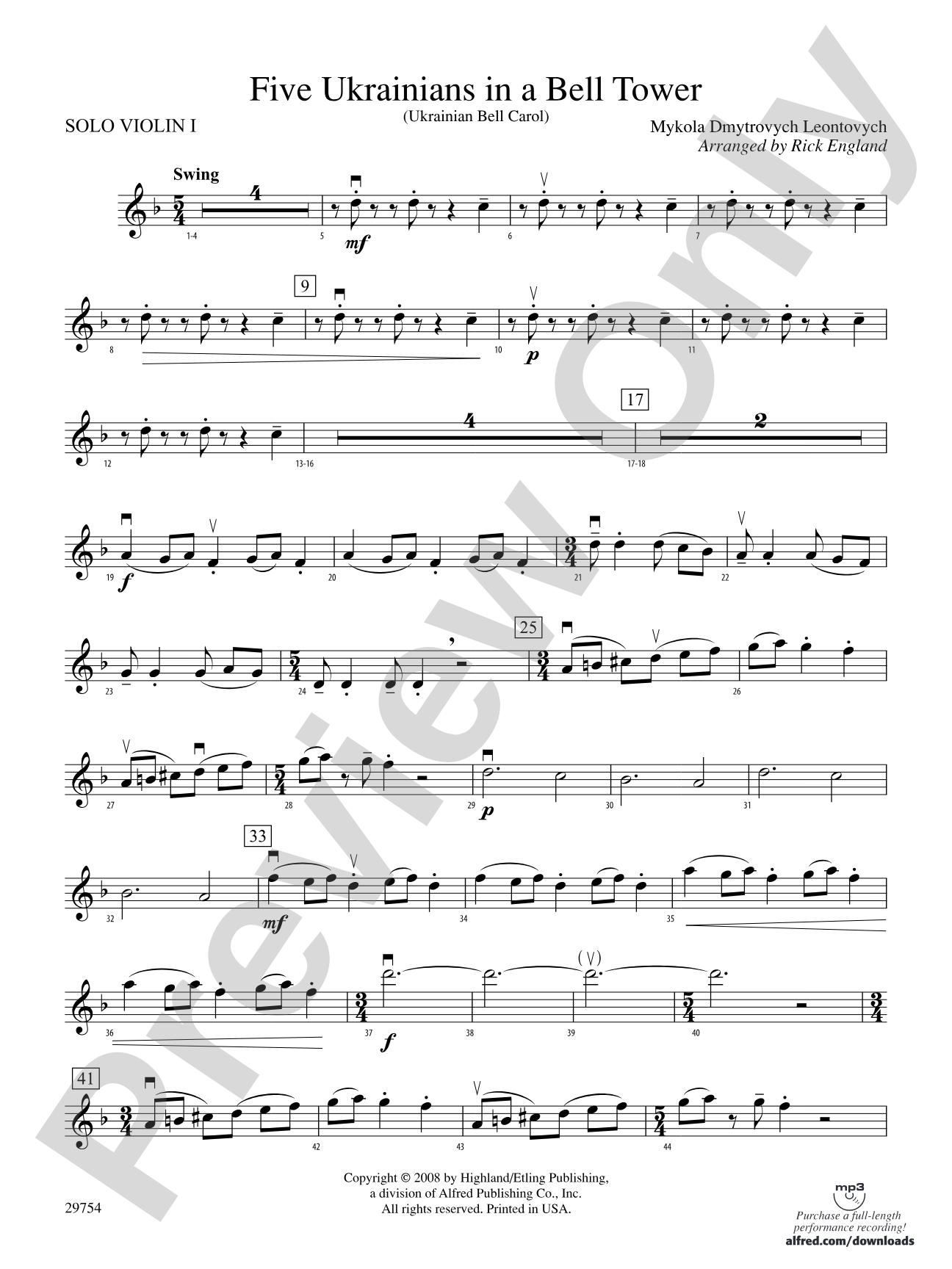 Five Ukrainians in a Bell Tower (Ukrainian Bell Carol): Solo 1st Violin