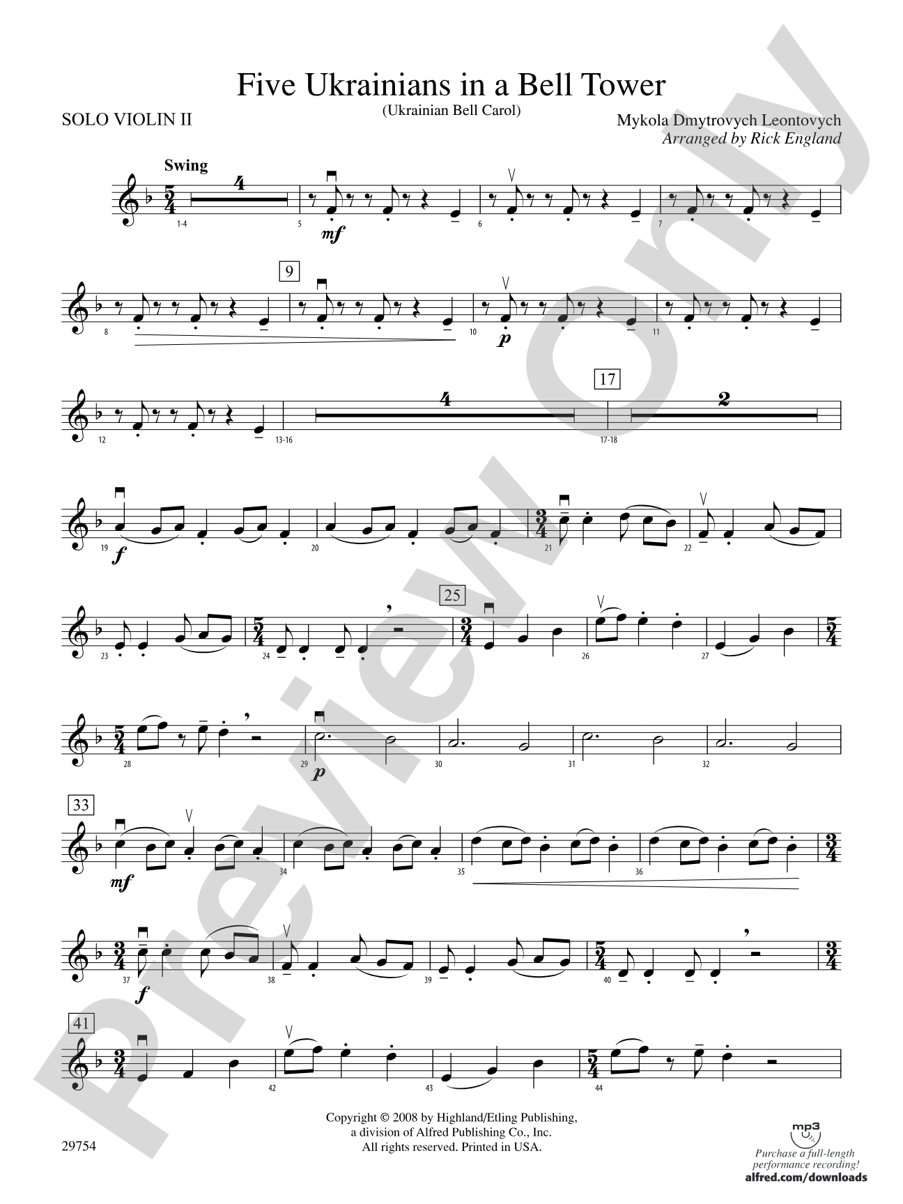 Five Ukrainians in a Bell Tower (Ukrainian Bell Carol): Solo 2nd Violin