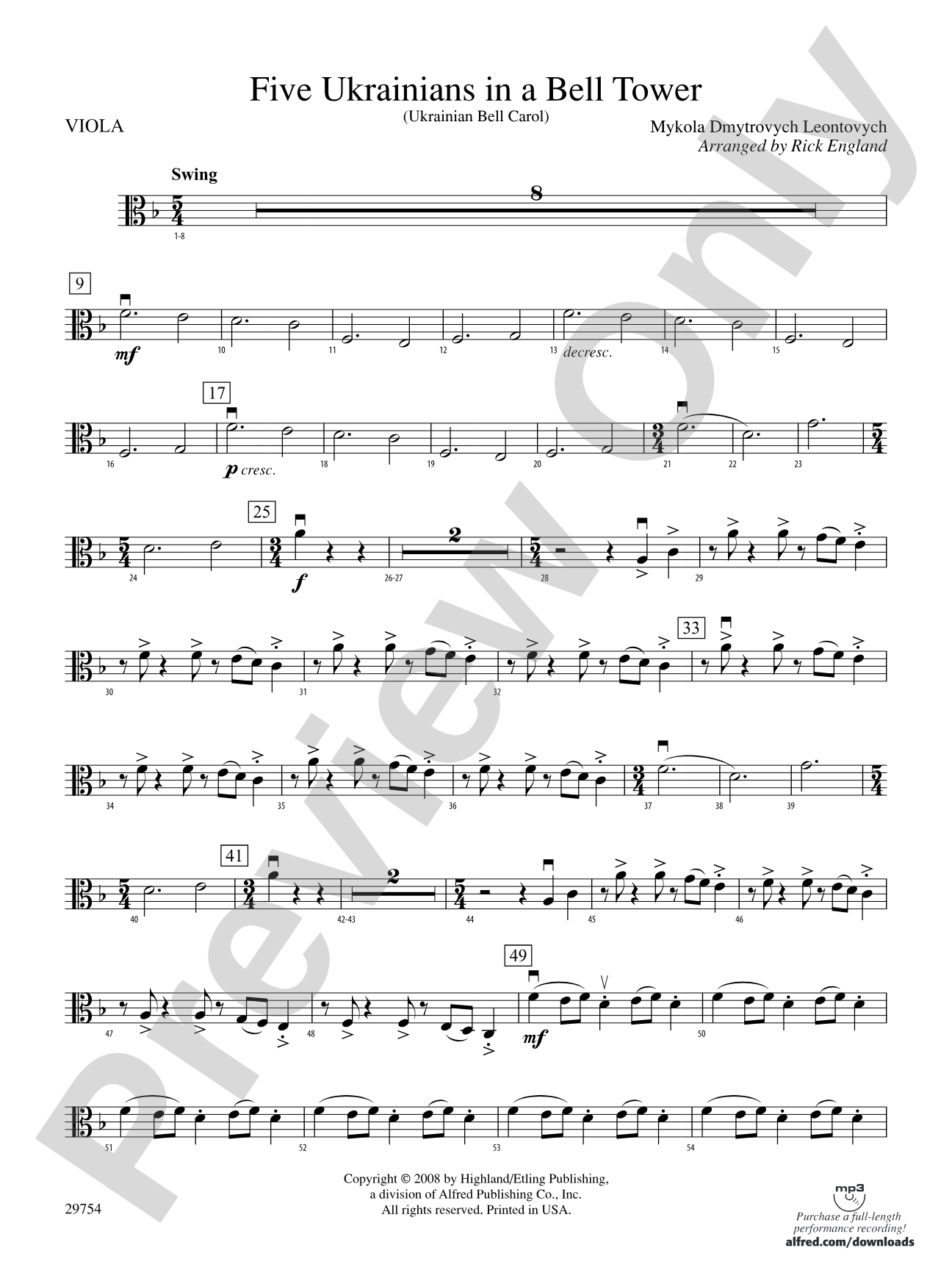 Five Ukrainians in a Bell Tower (Ukrainian Bell Carol): Viola