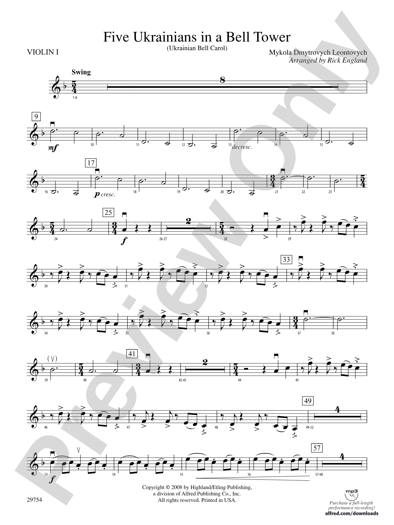 Five Ukrainians in a Bell Tower (Ukrainian Bell Carol): 1st Violin