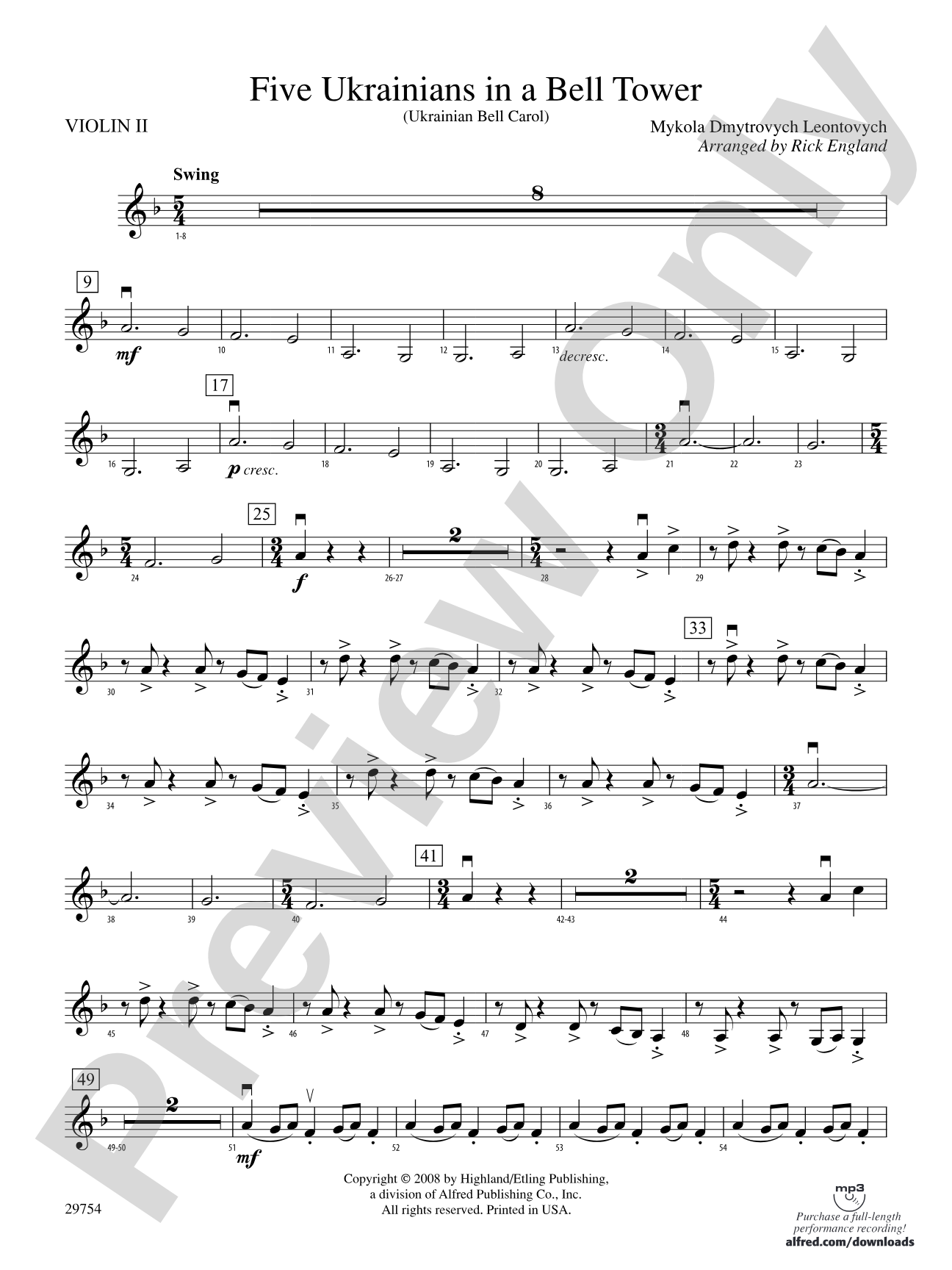 Five Ukrainians in a Bell Tower (Ukrainian Bell Carol): 2nd Violin