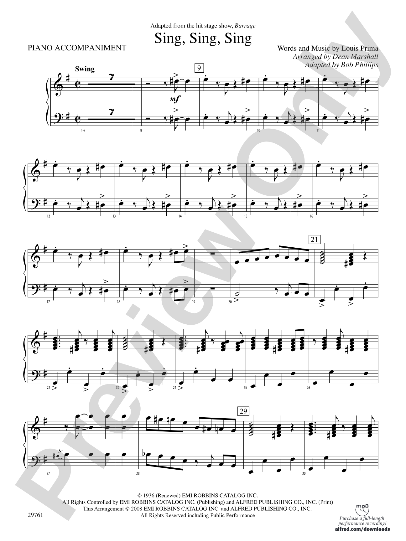 Sing, Sing, Sing (adapted from the stage show Barrage): Piano Accompaniment