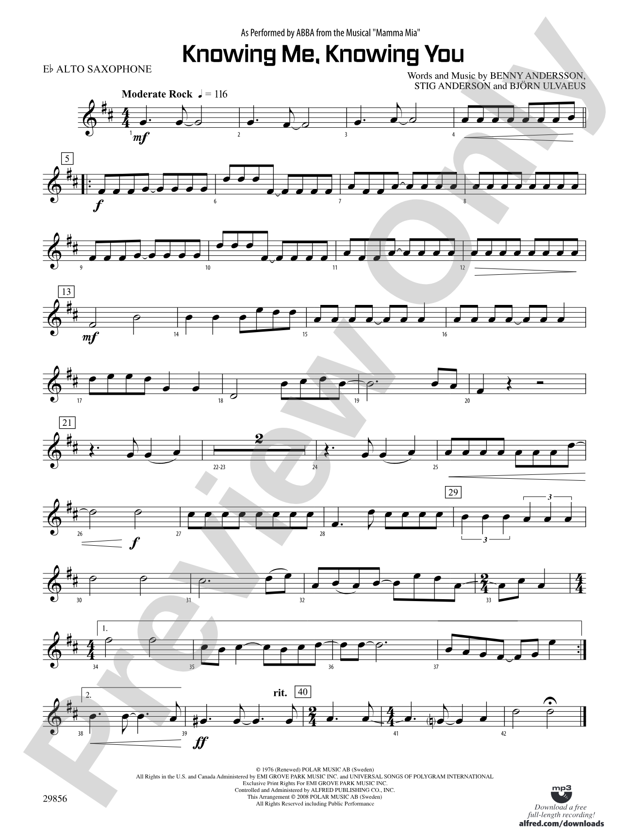 Knowing Me, Knowing You (As performed by ABBA from the musical Mamma Mia): E-flat Alto Saxophone