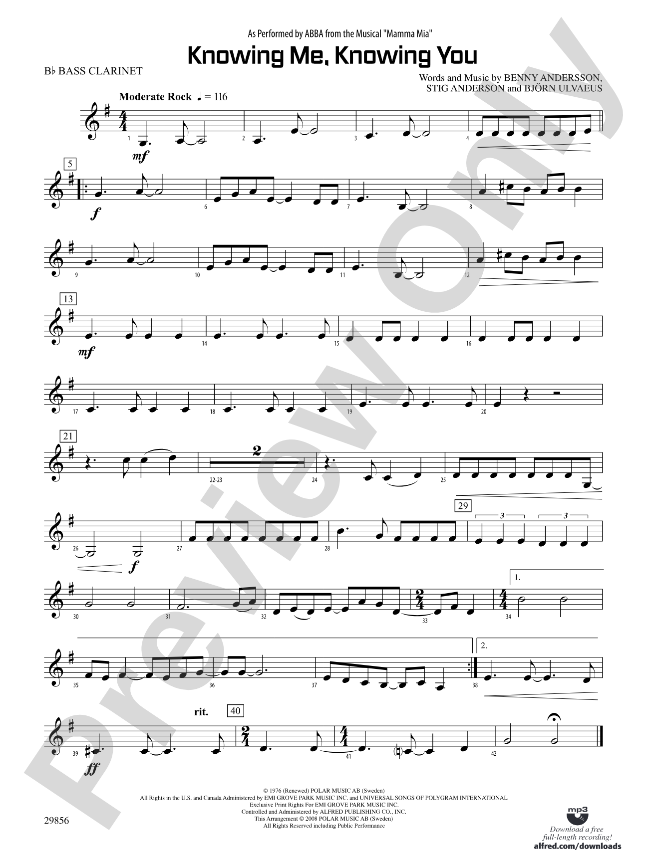 Knowing Me, Knowing You (As performed by ABBA from the musical Mamma Mia): B-flat Bass Clarinet
