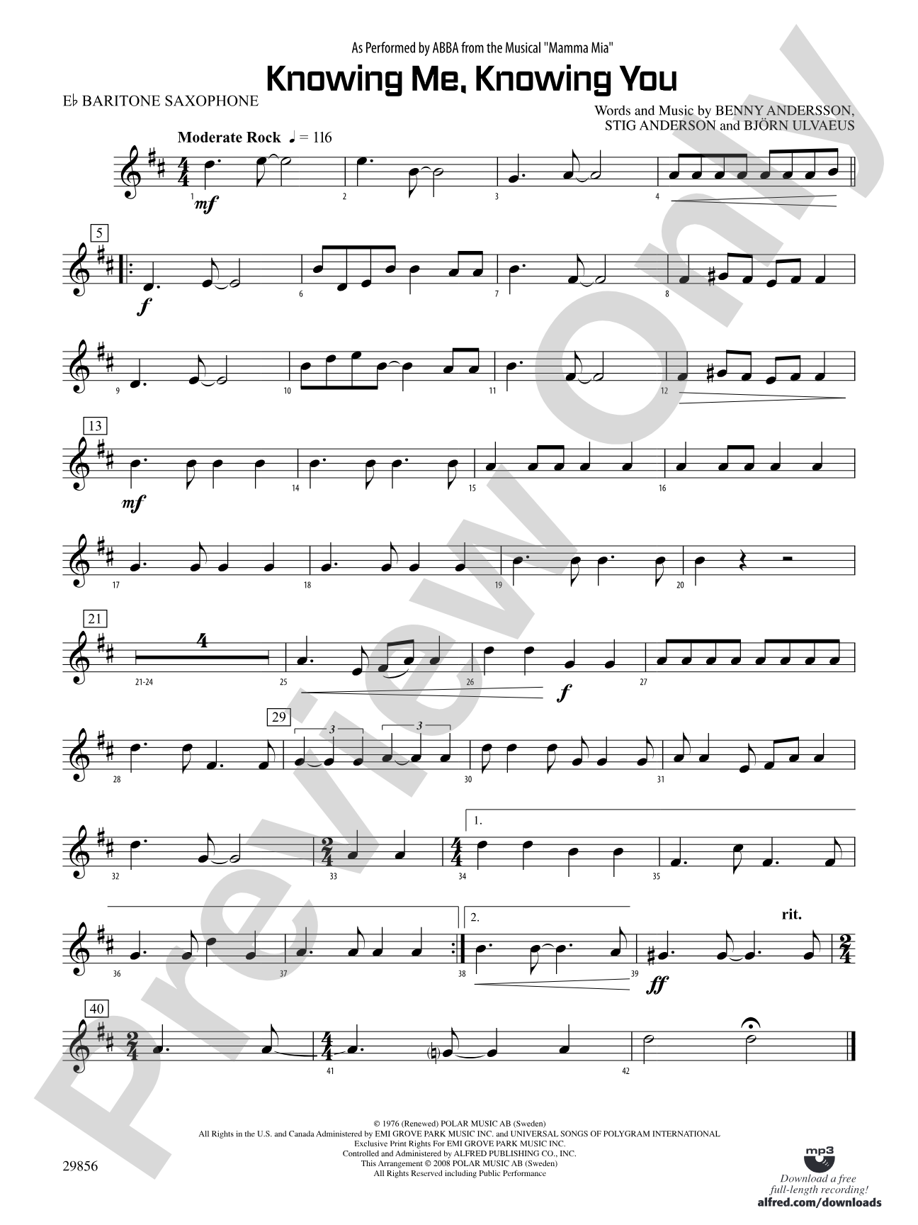 Knowing Me, Knowing You (As performed by ABBA from the musical Mamma Mia): E-flat Baritone Saxophone
