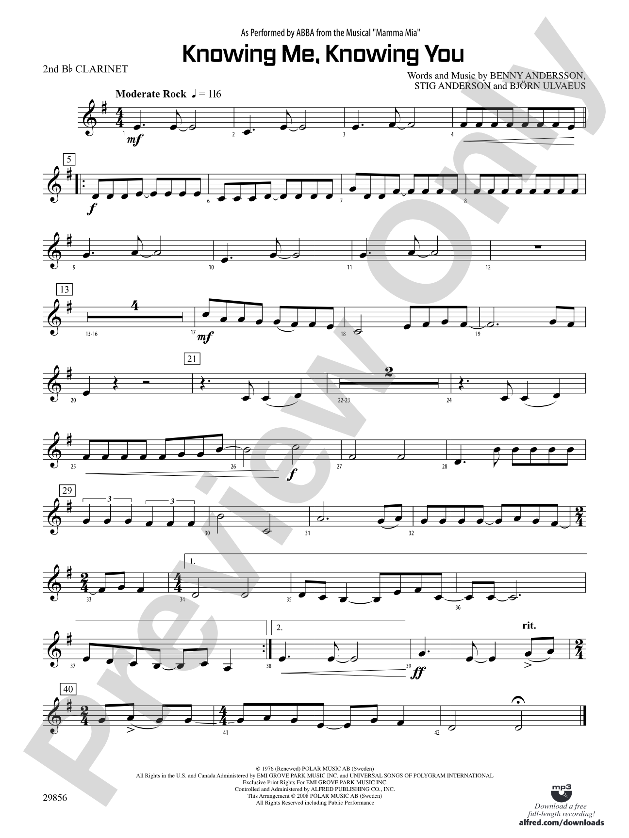 Knowing Me, Knowing You (As performed by ABBA from the musical Mamma Mia): 2nd B-flat Clarinet